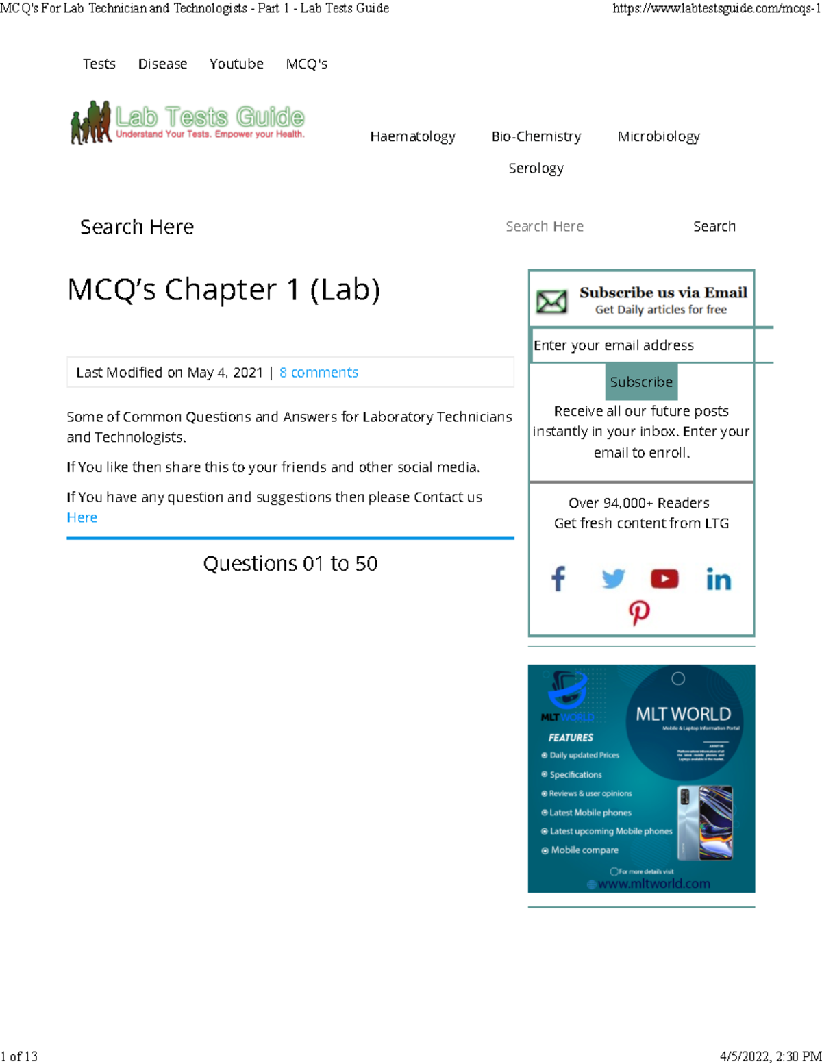 MCQ's For Lab Technician and Technologists Part 1 Lab Tests Guide