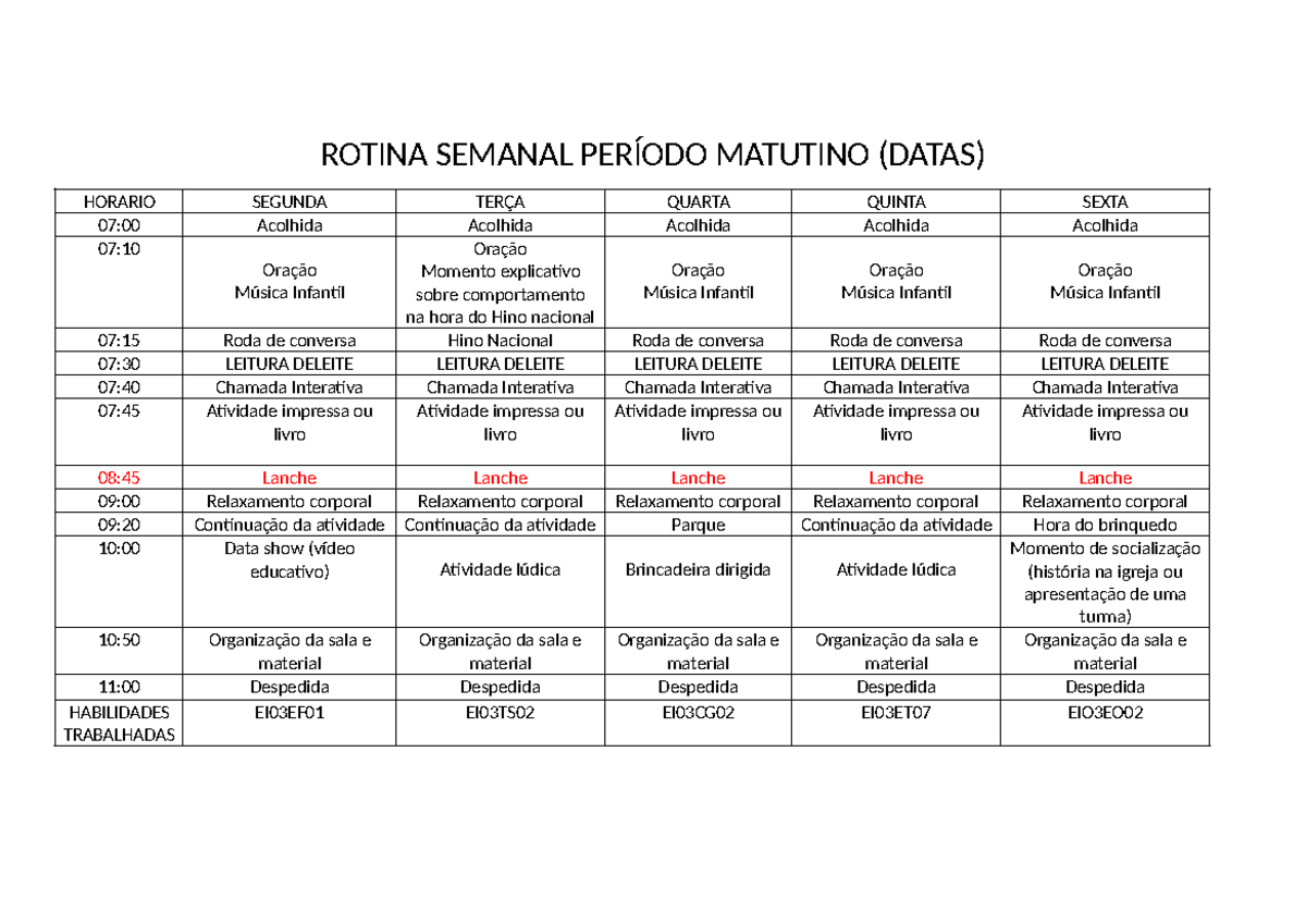 Rotina Semanal Escola Nivalda abril - ROTINA SEMANAL PERÍODO MATUTINO ...