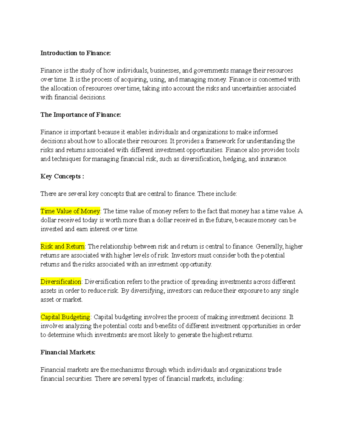Class notes - Introduction to Finance: Finance is the study of how ...
