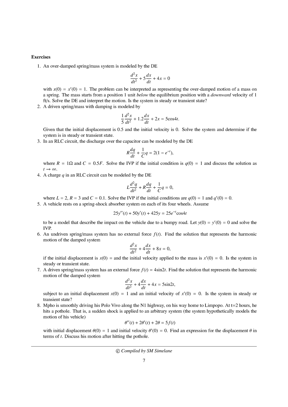 Engineering Mathematics 2A Tutorial 8 Part 1 - Exercises An over-damped ...