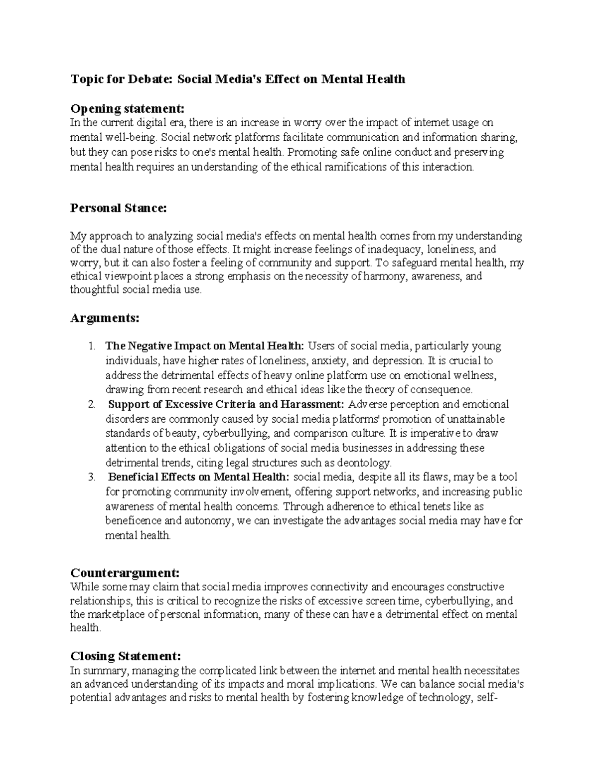 Topic for debate ss - NOTES - Topic for Debate: Social Media's Effect ...