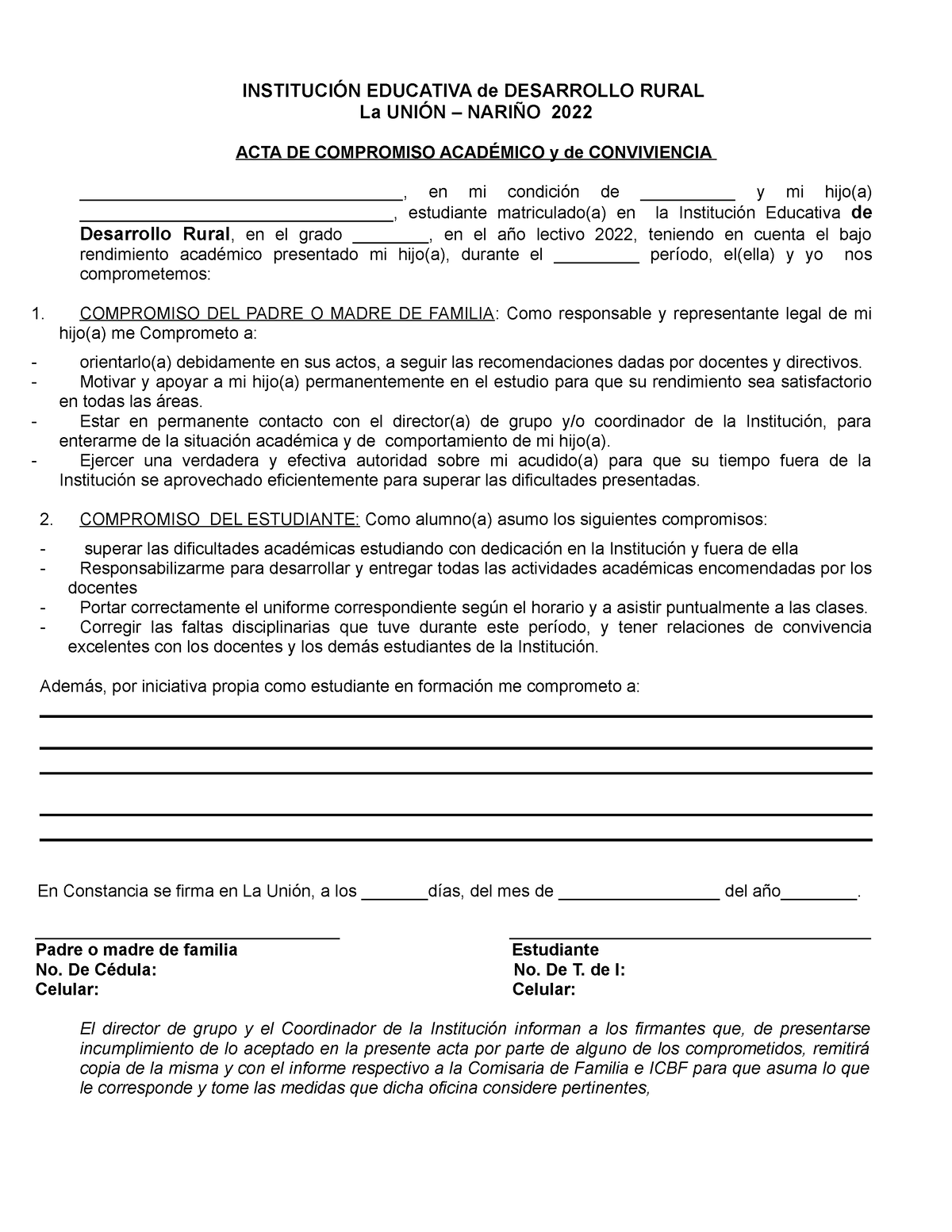 Actas de compromiso Academico - INSTITUCIÓN EDUCATIVA de DESARROLLO RURAL  La UNIÓN – NARIÑO 2022 - Studocu