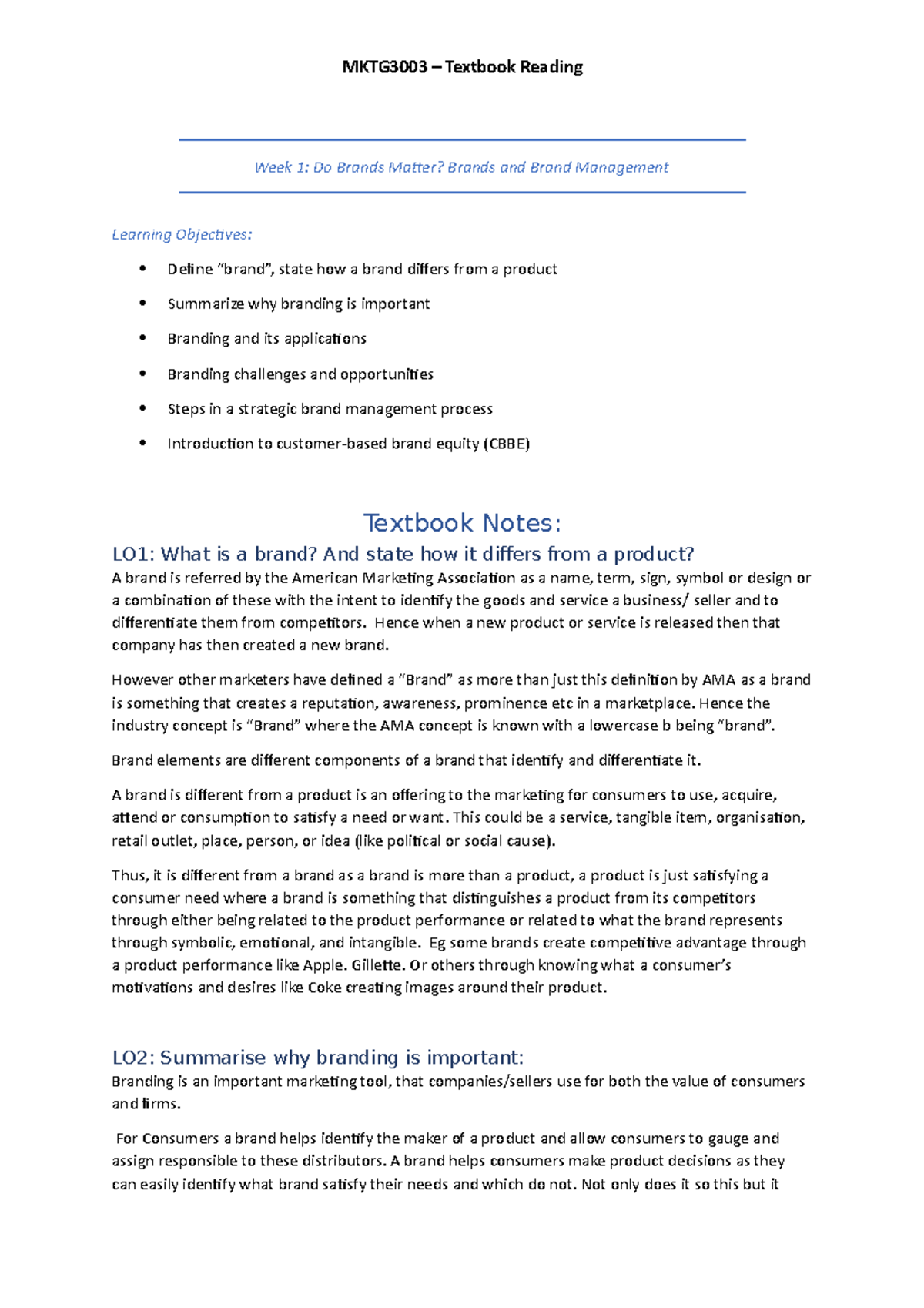 Notes for MKTG3003 - Week 1: Do Brands Matter? Brands and Brand ...