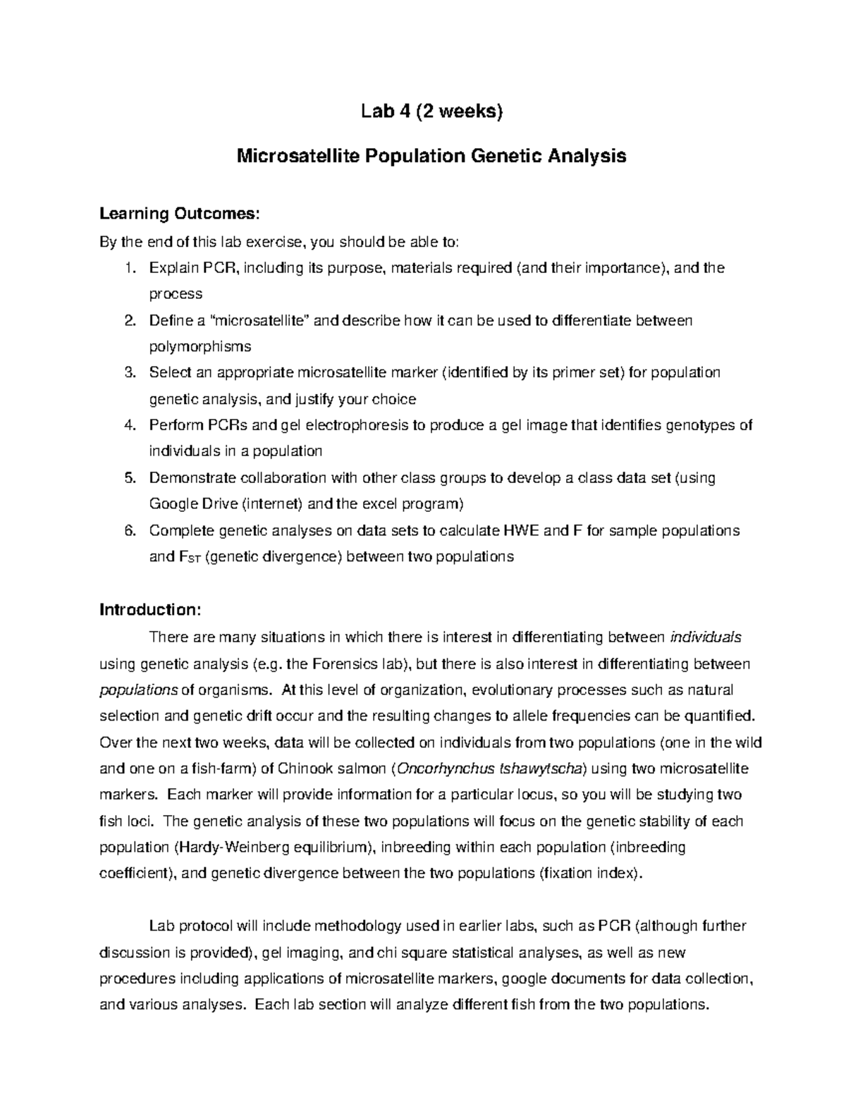 Genetics Lab 4 - Lab 4 - Fall 2019 - Lab 4 (2 weeks) Microsatellite ...