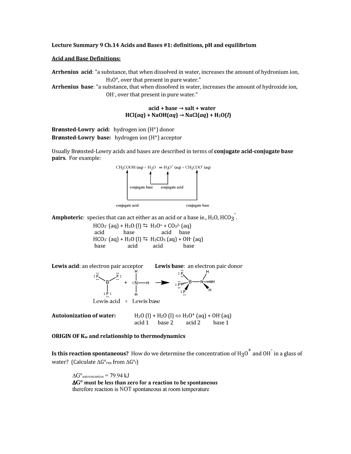 Lecture Summary 9 Ch 14 Acid Base1 Sp 2023 Lecture Summary 9 Ch 5410