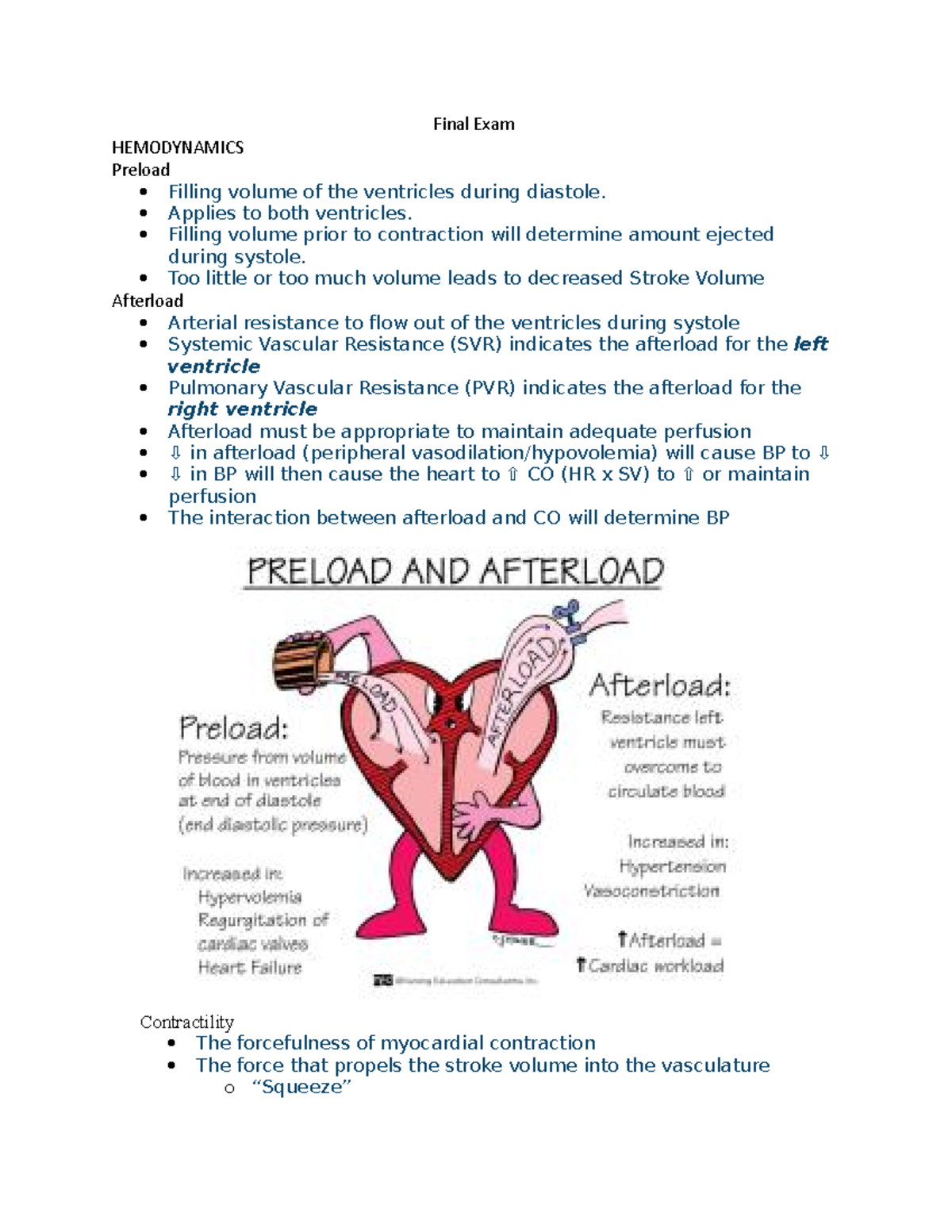 Hemodynamics Blah Final Exam HEMODYNAMICS Preload Filling volume of the ventricles during