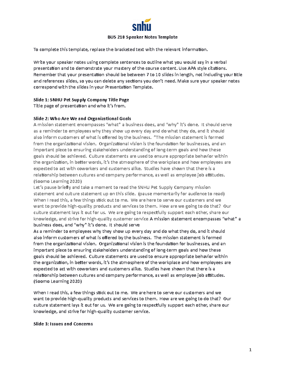 Project One Speaker Notes - BUS 210 Speaker Notes Template To complete ...