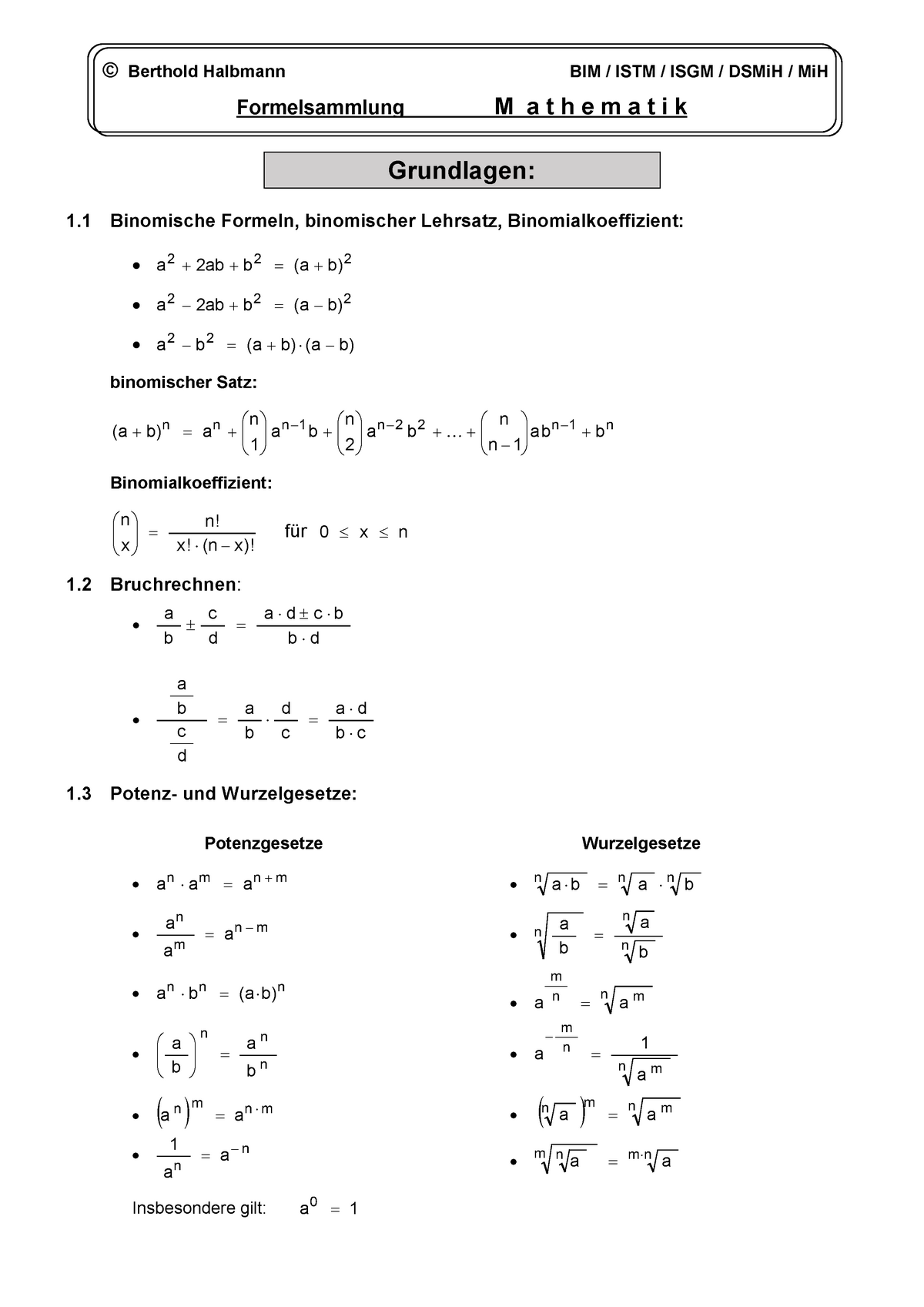 Grundlage Der Mathematik - Grundlagen: 1 Binomische Formeln ...