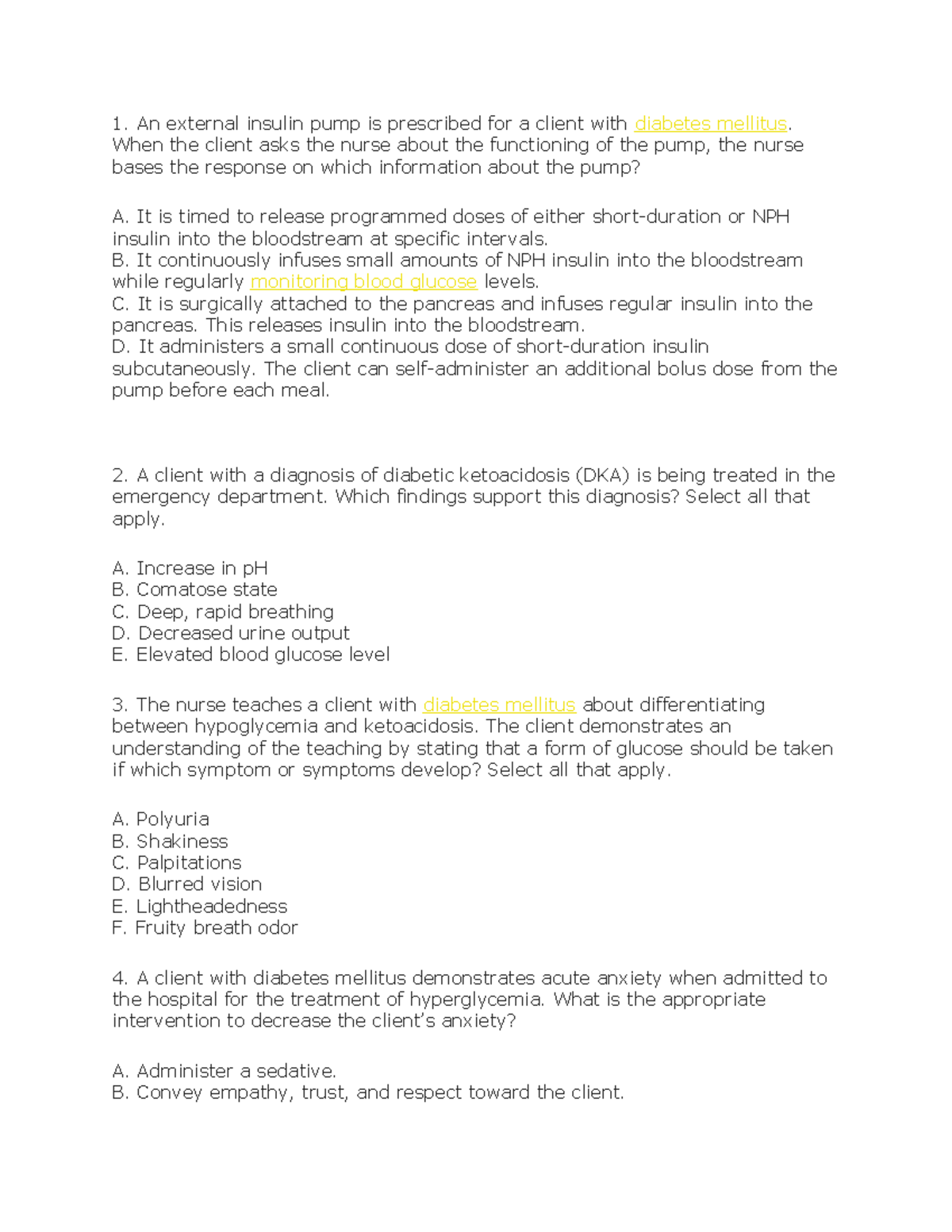 Diabetes nclex question for medsurg An external insulin pump is