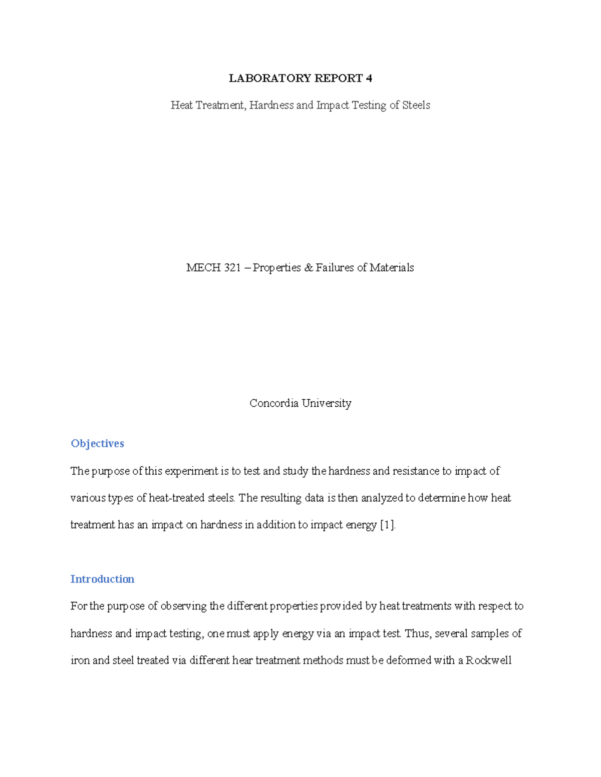 MECH 321 Laboratory Report 4 - LABORATORY REPORT 4 Heat Treatment ...