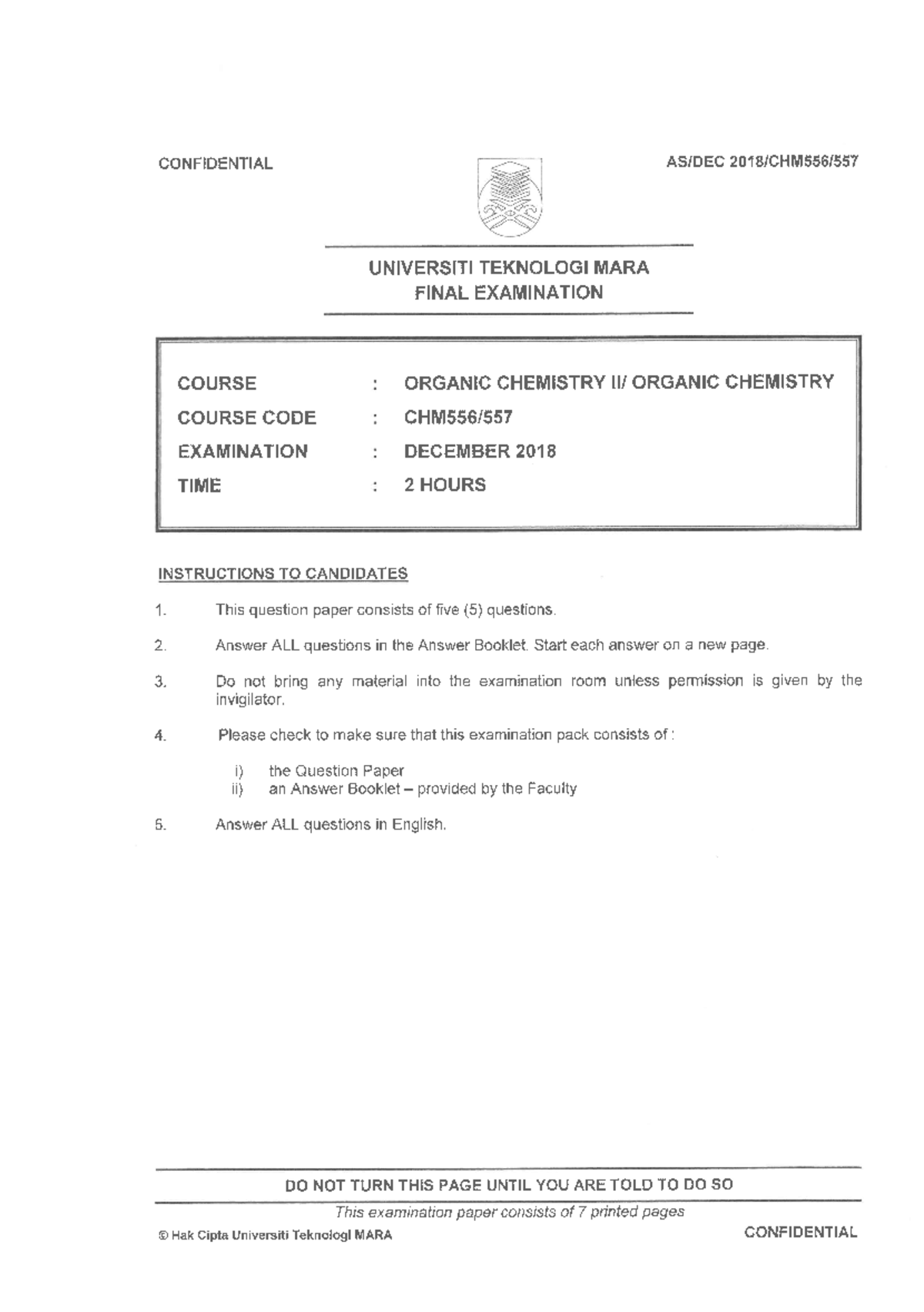 Faculty Applied Sciences 2019 Session 1 - Degree CHM556 557 - Organic ...