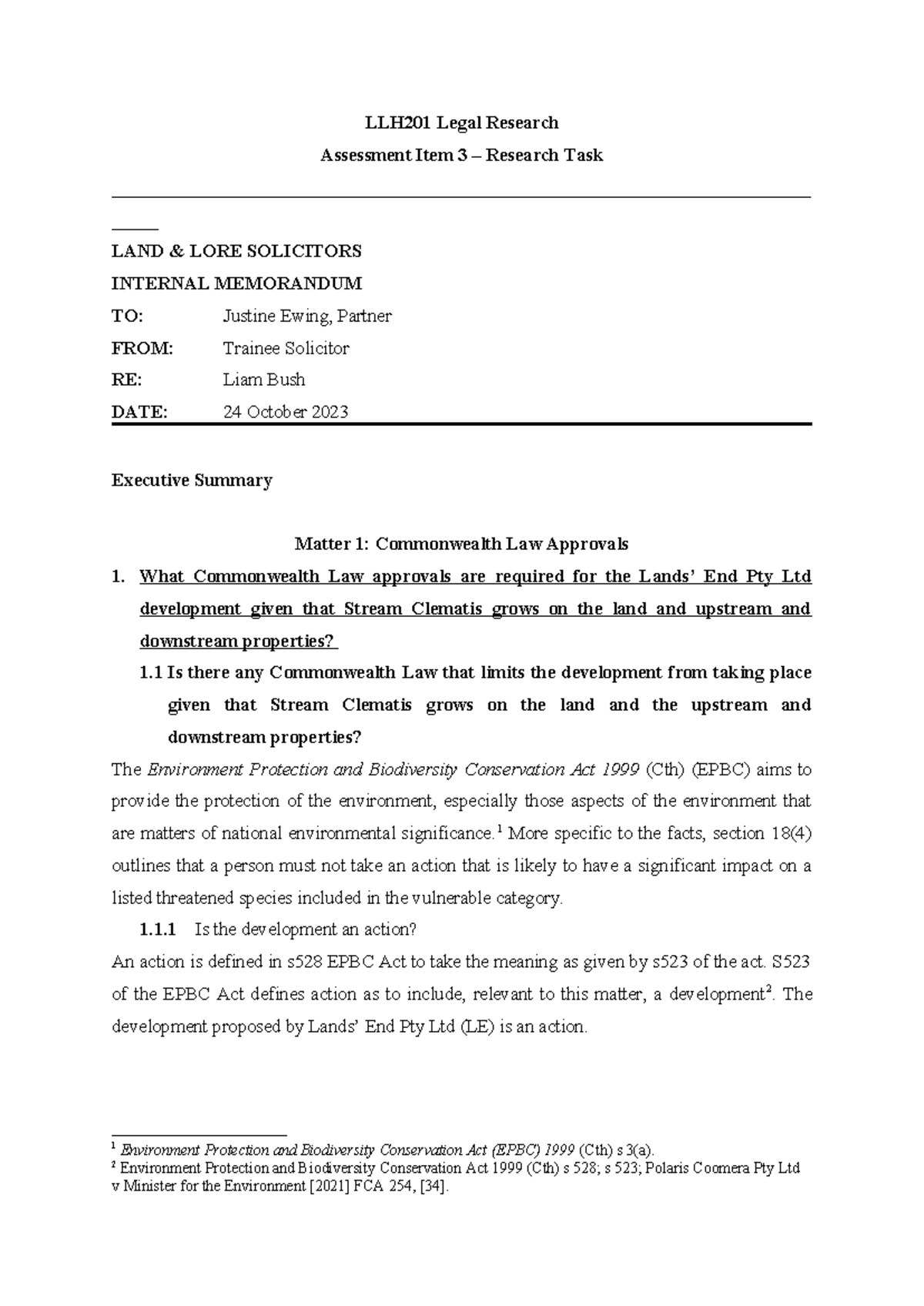 L201 - Assignment - LLH201 Legal Research Assessment Item 3 – Research ...