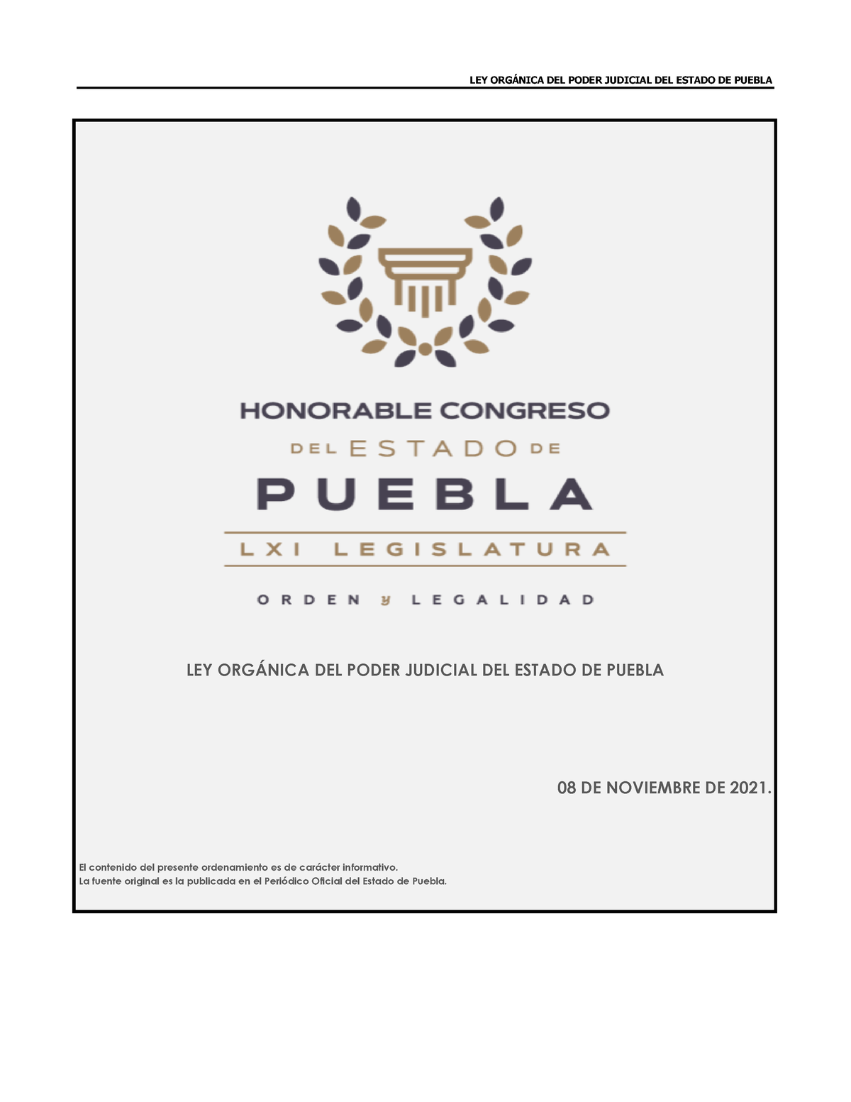 Ley Organica Del Poder Judicial Del Estado De Puebla 8 Noviembre 2021 Ley OrgÁnica Del Poder 7816