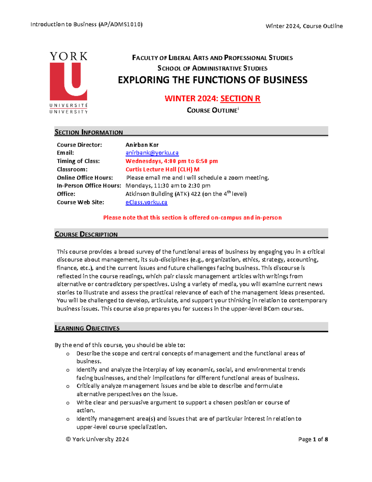1. ADMS 1010 R Course Outline Winter 2024 - SECTION INFORMATION Course ...