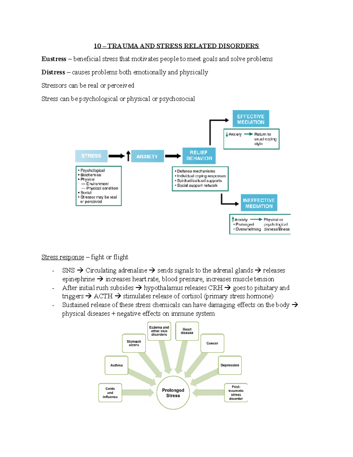 10 - stress & trauma - notes - 10 – TRAUMA AND STRESS RELATED DISORDERS ...