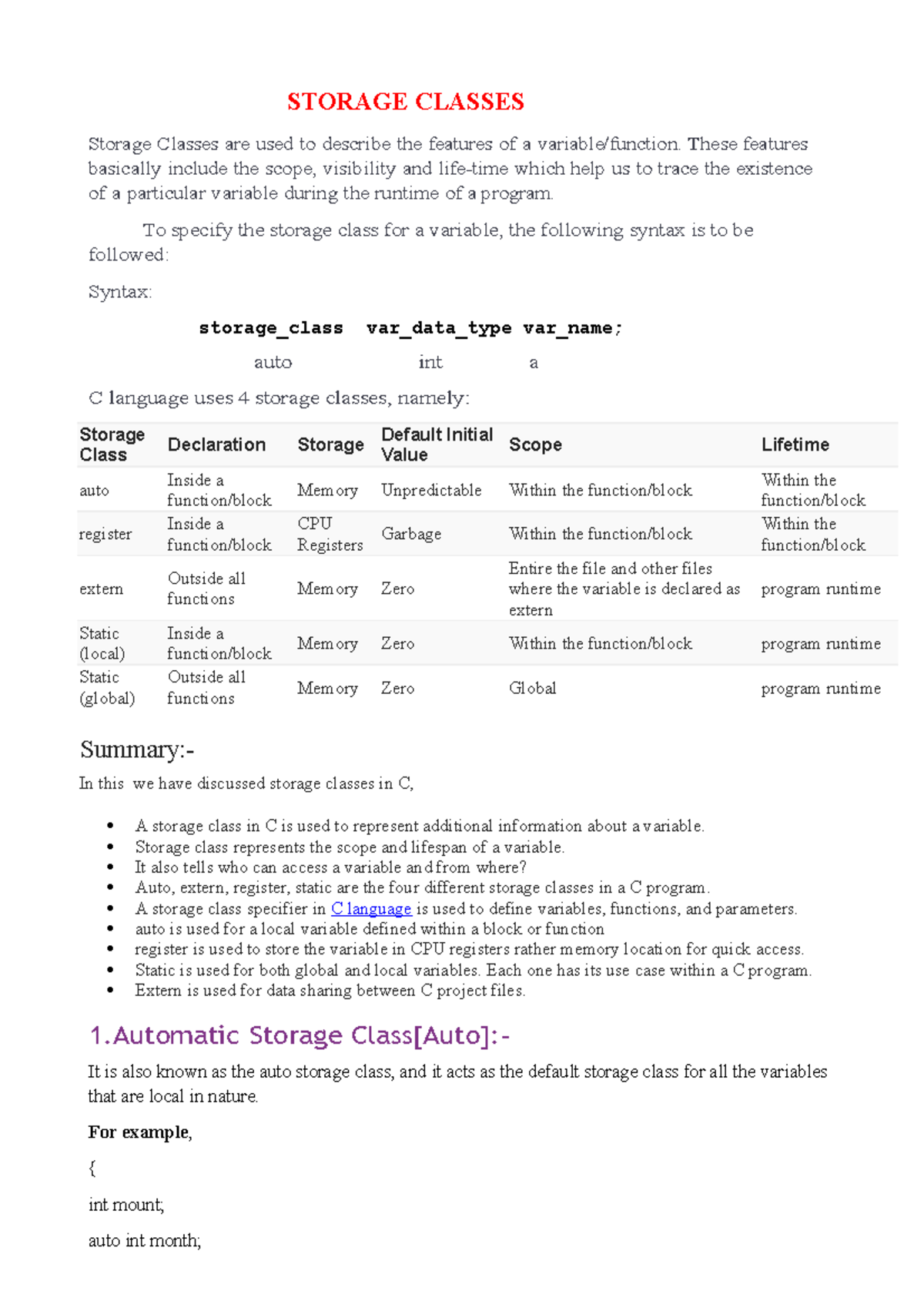 Storages Classes unit -5 - STORAGE CLASSES Storage Classes are used to ...