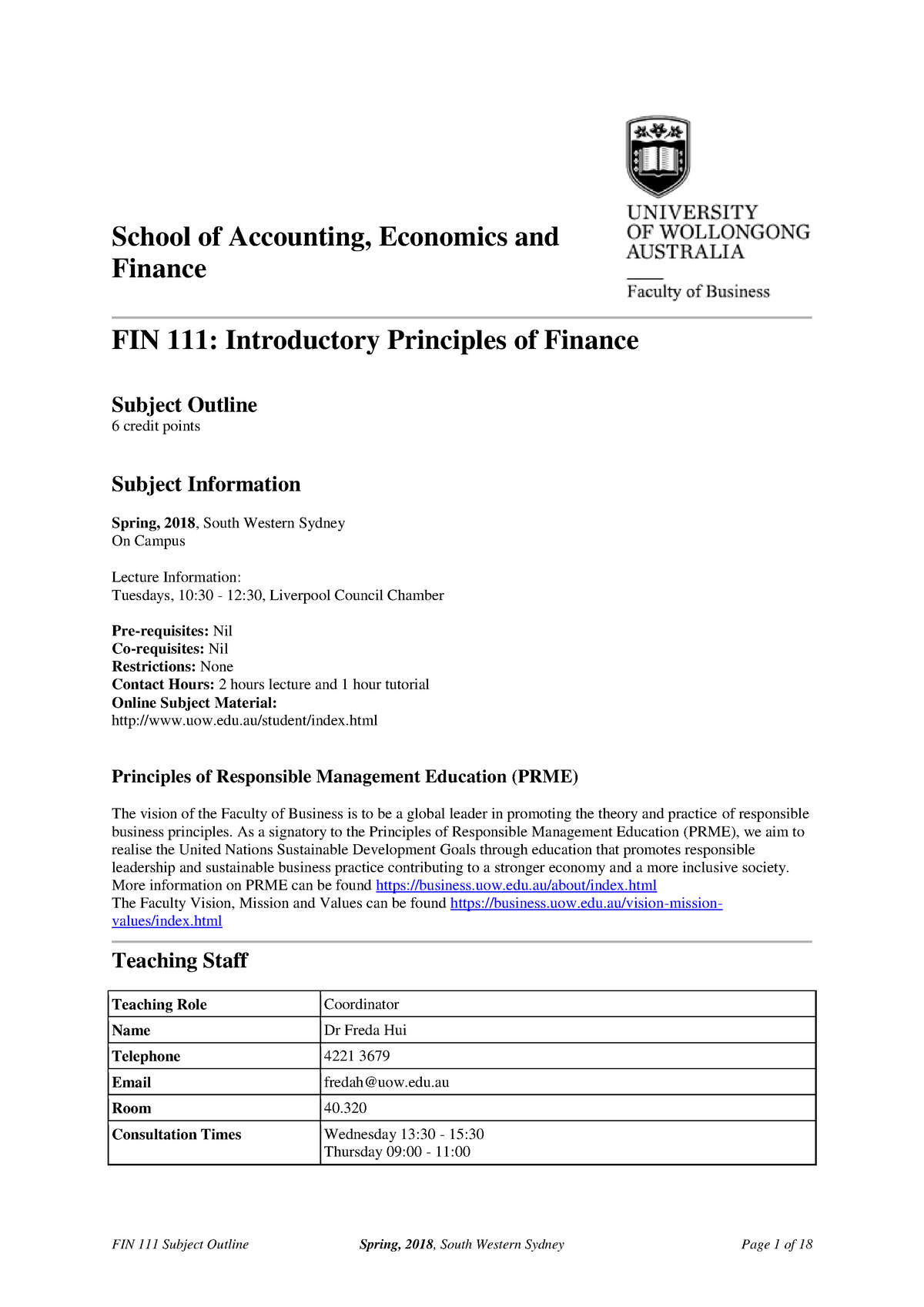 Fin111 Outline 2018 Fin 111 Introductory Principles Of Finance - fin111 outline 2018 fin 111 introductory principles of finance studocu