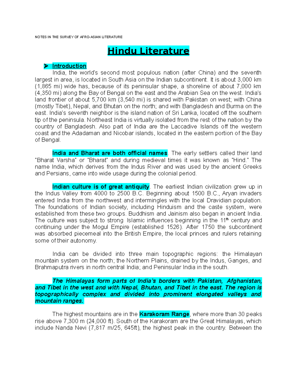 Hindu Literature NOTES IN THE SURVEY OF AFRO ASIAN LITERATURE Hindu 