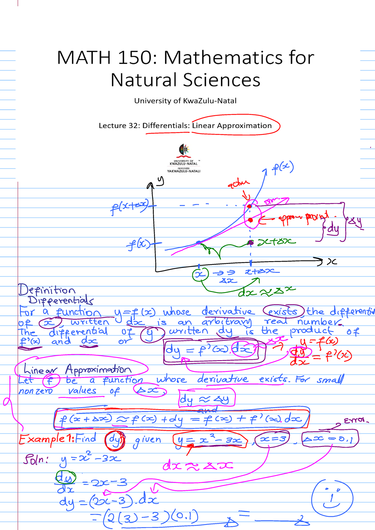 Lecture 28(B) Differentials Linear Approximation - MATH150 - Studocu