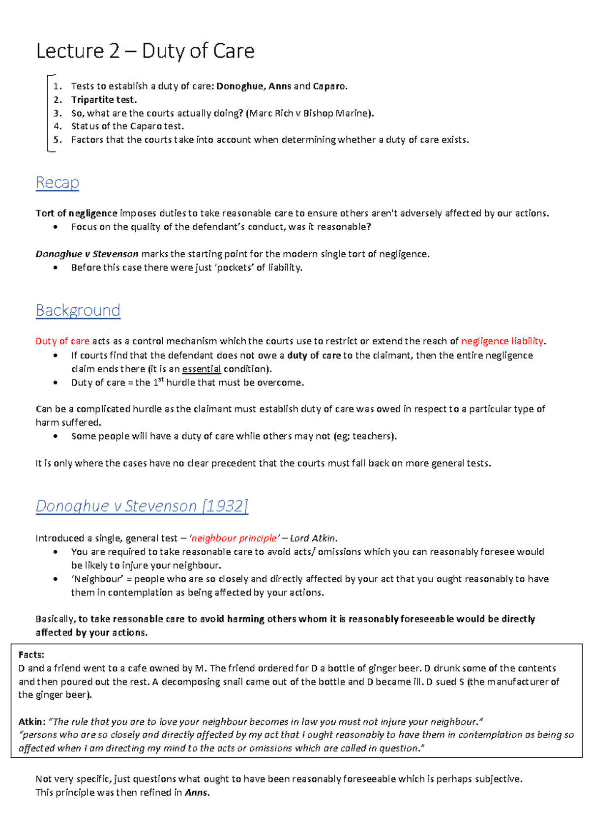 Duty of Care Tort Law notes - Lecture 2 – Duty of Care Tests to ...
