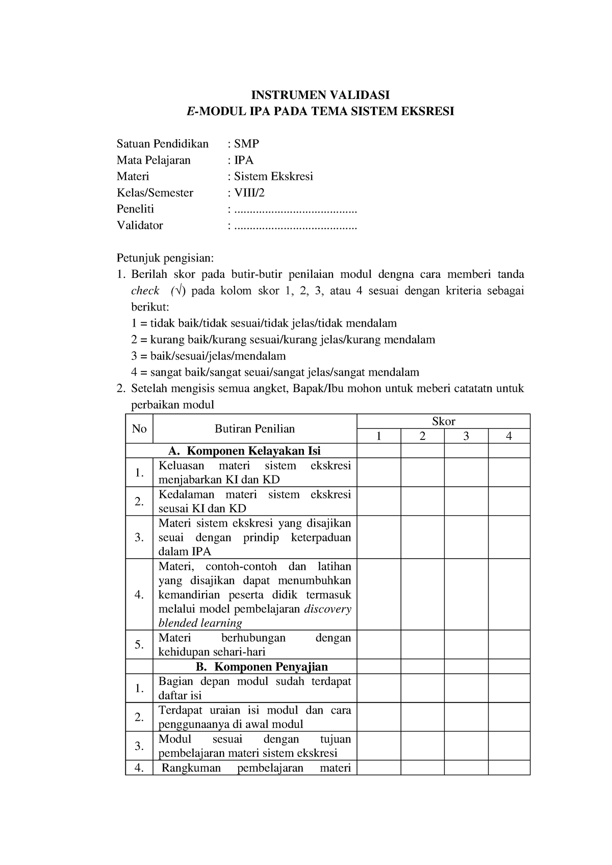 10 Lembar Validasi Modul - INSTRUMEN VALIDASI E-MODUL IPA PADA TEMA ...