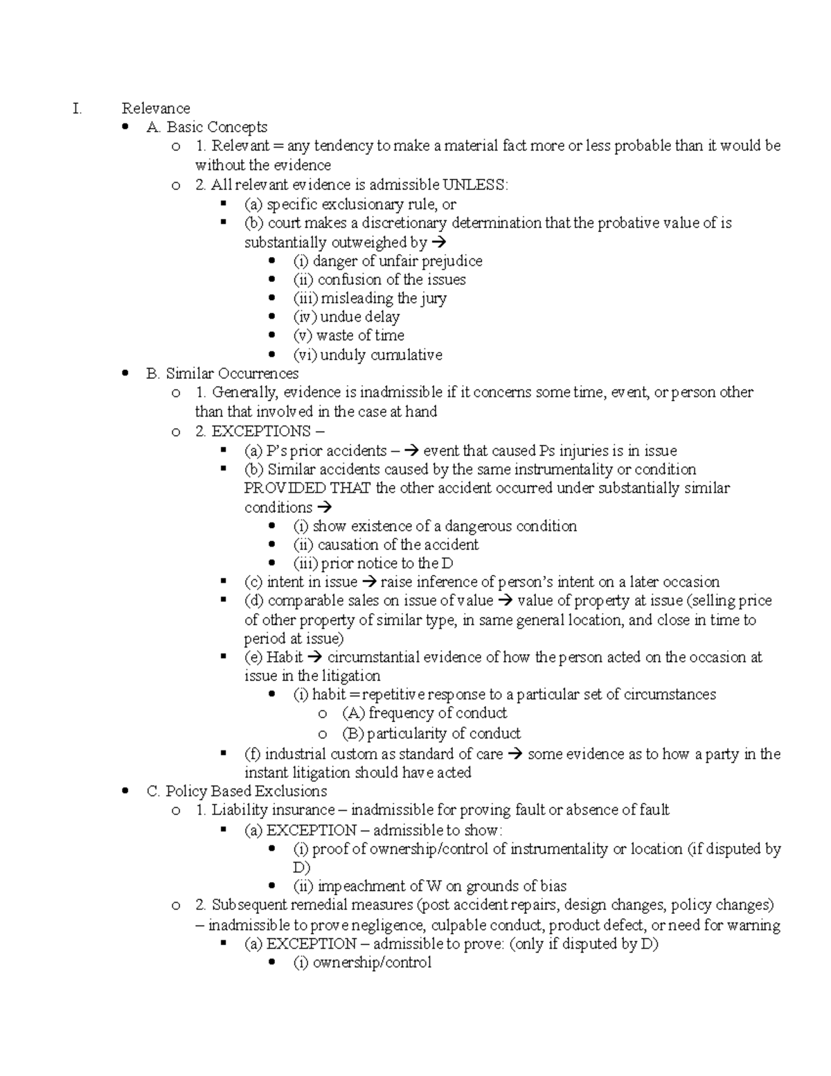 Evidence Outline - I. Relevance A. Basic Concepts O 1. Relevant = Any 