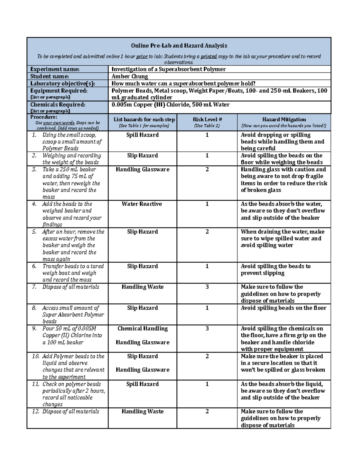 Polymer Pre-Lab work - Online Pre-Lab and Hazard Analysis To be ...