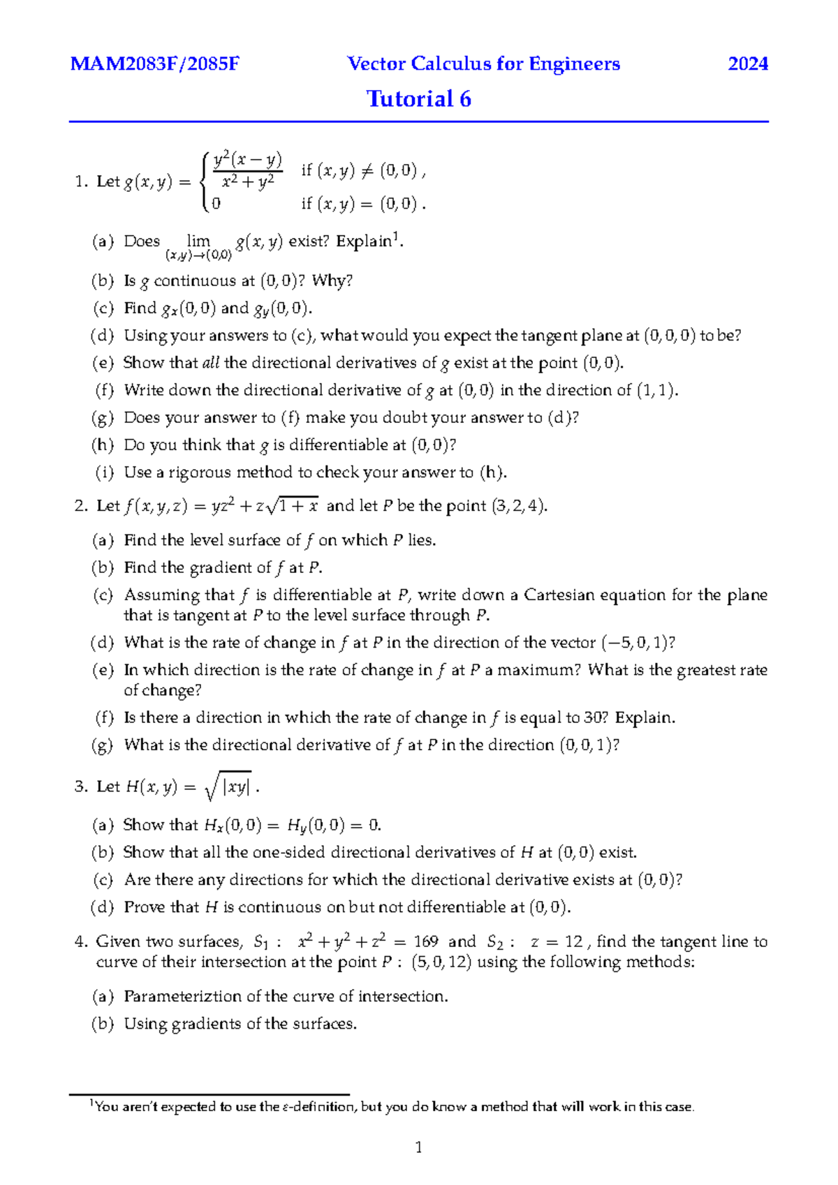 Tut06 2024 - MAM2083F/2085F Vector Calculus for Engineers 2024 Tutorial ...