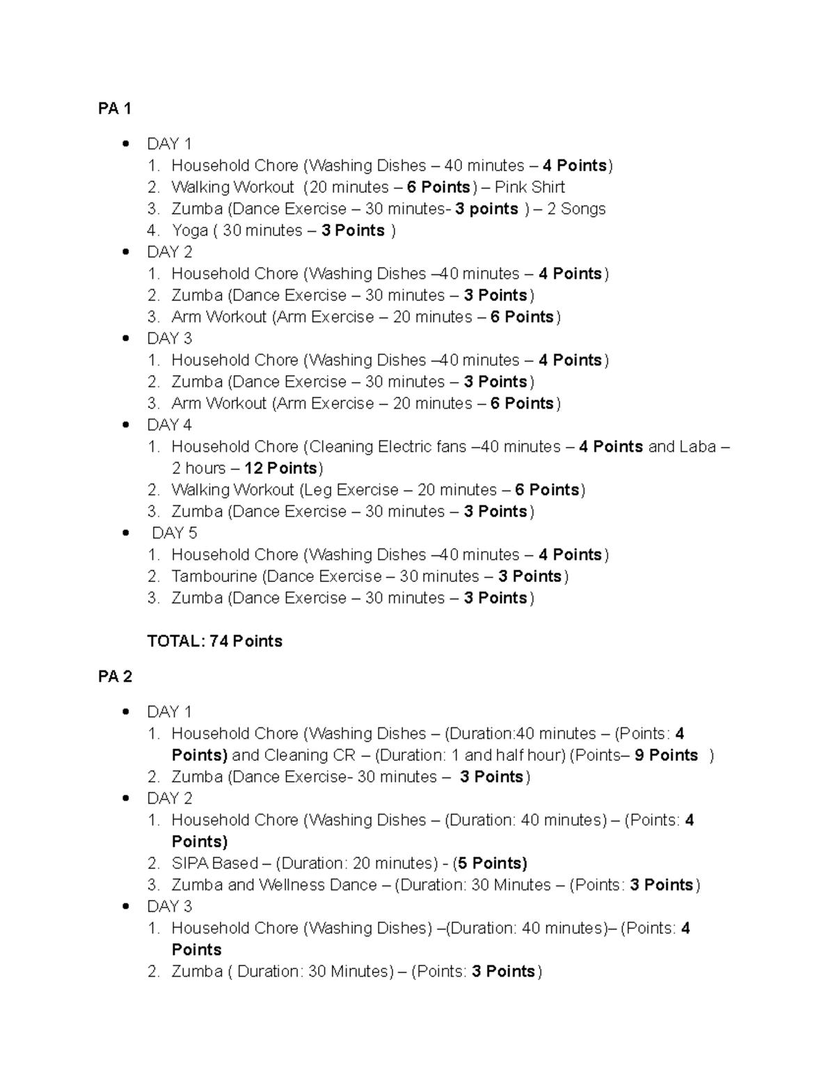 PE Scoresheet - Physical Education - PA 1 DAY 1 Household Chore ...