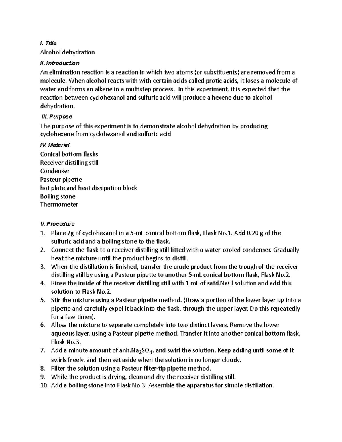 Alcohol dehydration lab report I. Title Alcohol dehydra,on II