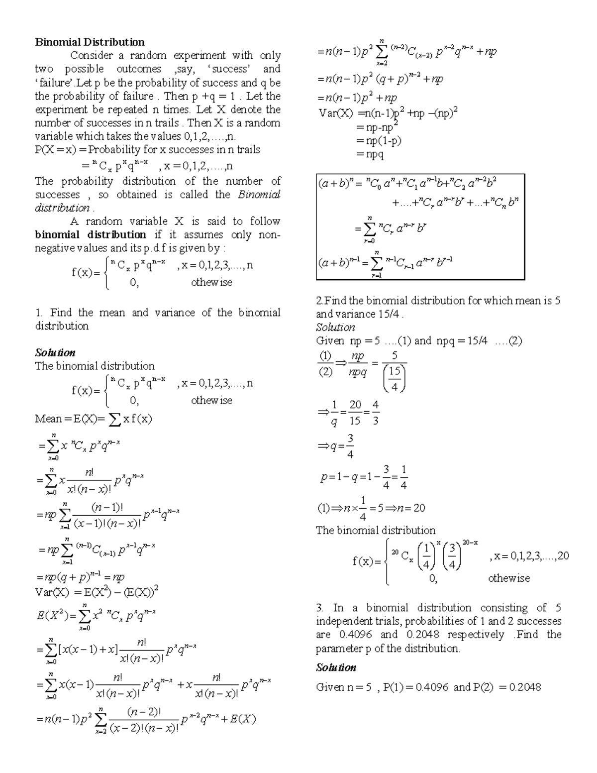 Binomial distribution - Binomial Distribution Consider a random ...