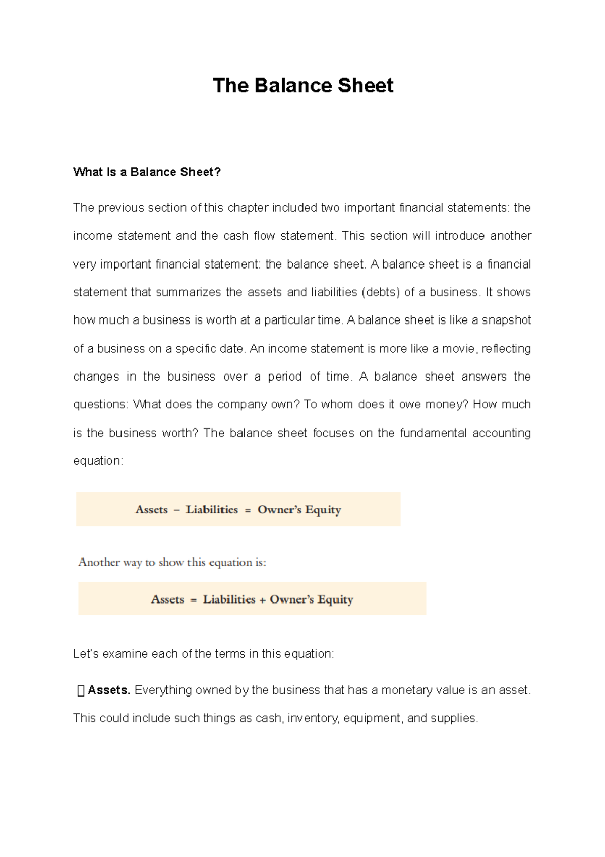 The Balance Sheet - notes that have a definitions, examples, solution ...