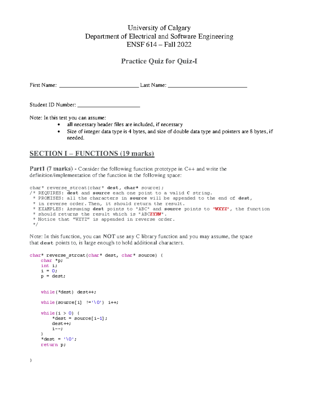 ENSF 614 quiz 1 practice with Solutions - University of Calgary ...