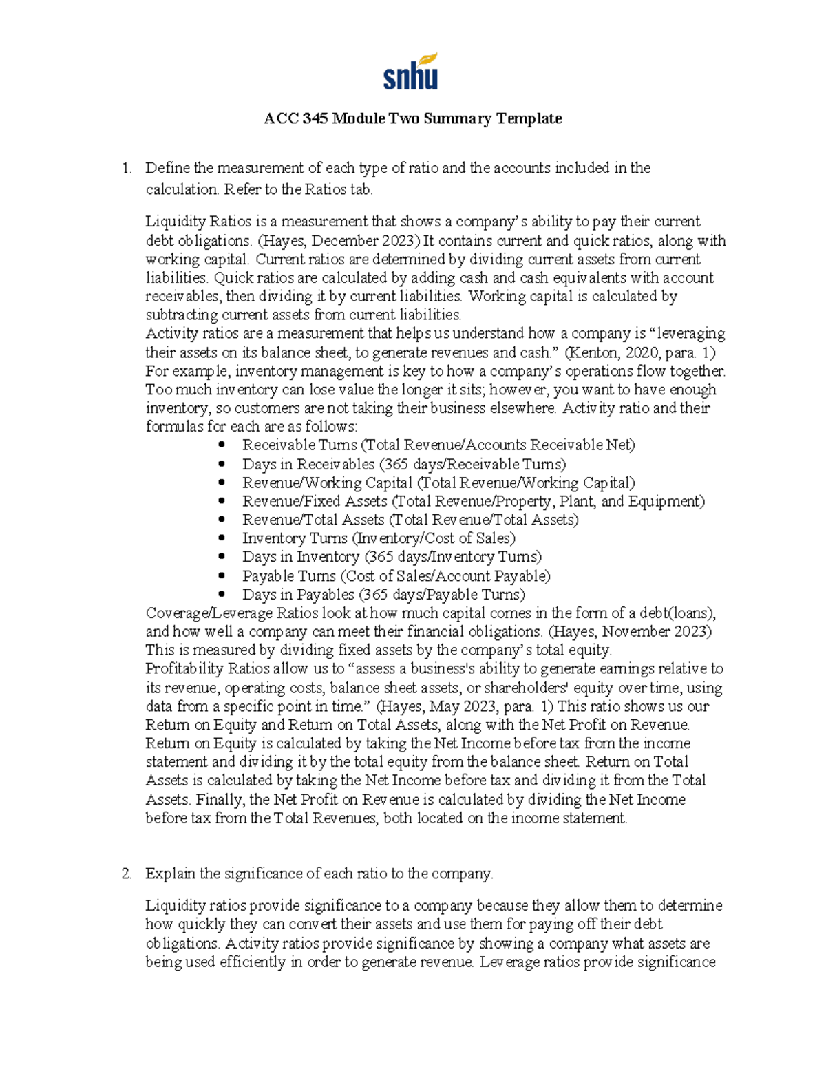 ACC 345 Module Two Summary Template - ACC 345 Module Two Summary ...