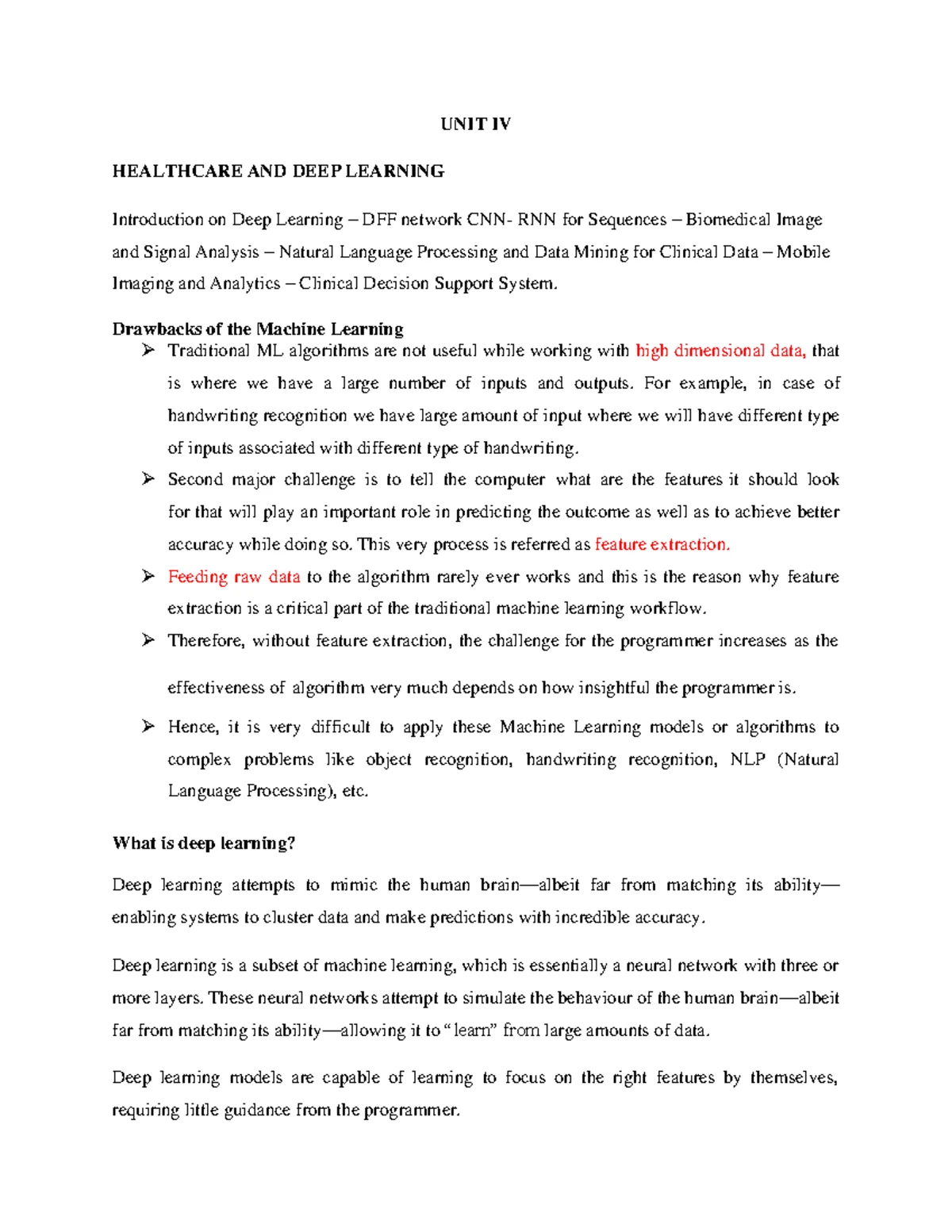 Unit 4 hca - Notes - UNIT IV HEALTHCARE AND DEEP LEARNING Introduction ...