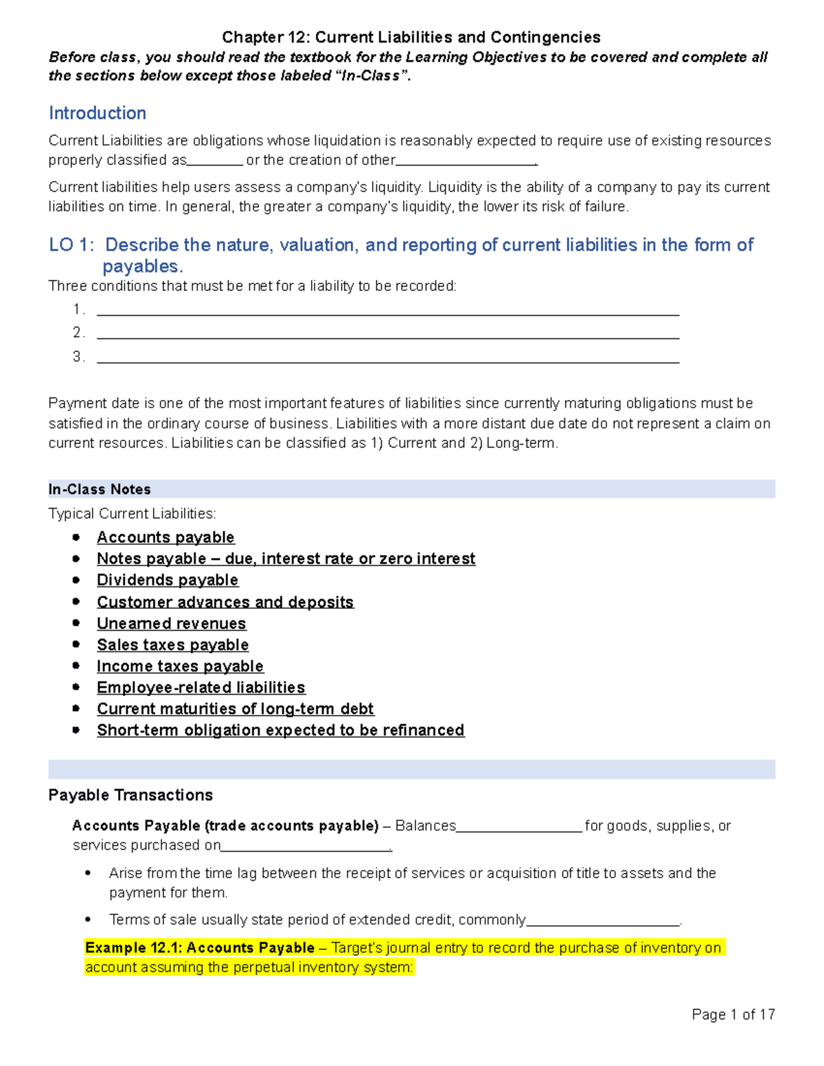 Chapter 12 Notes - Before class, you should read the textbook for the ...