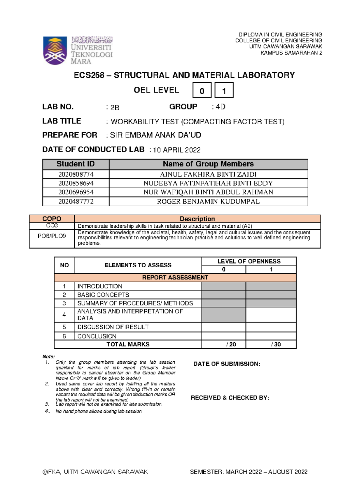LAB 2b Compacting Factor TEST - 0 1 COLLEGE OF CIVIL ENGINEERING ...