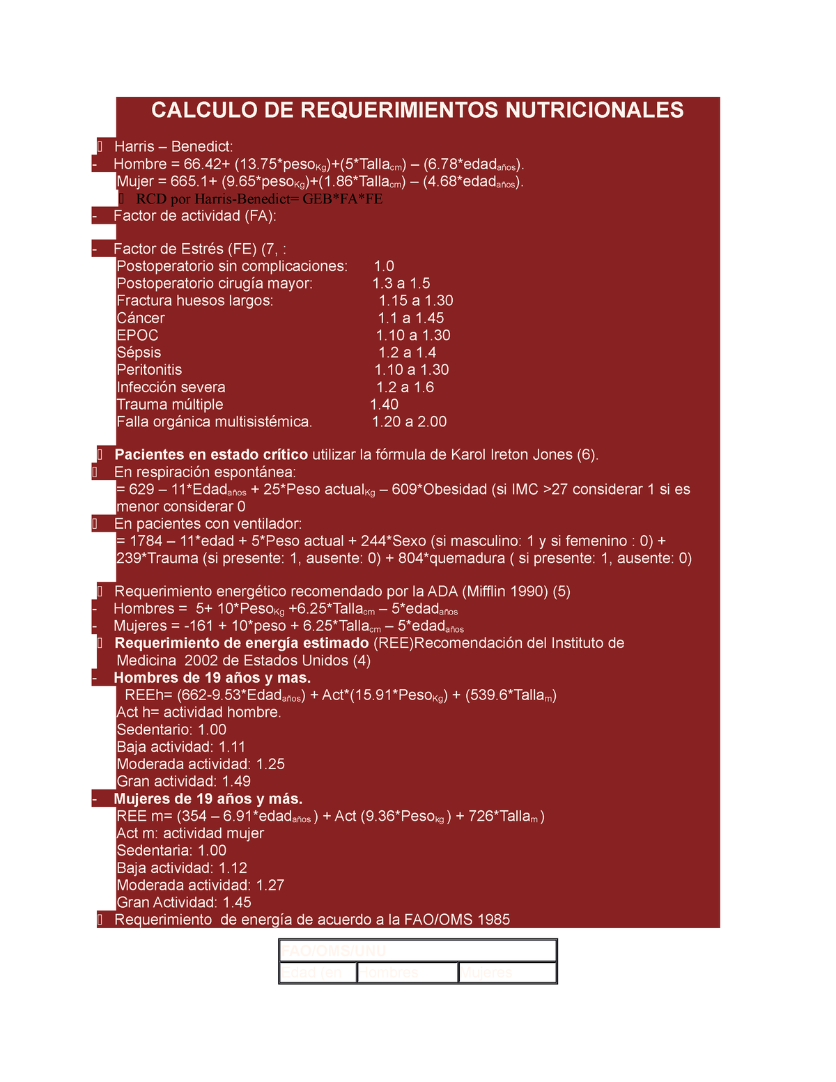 Calculo DE Requerimientos Nutricionales CALCULO DE REQUERIMIENTOS