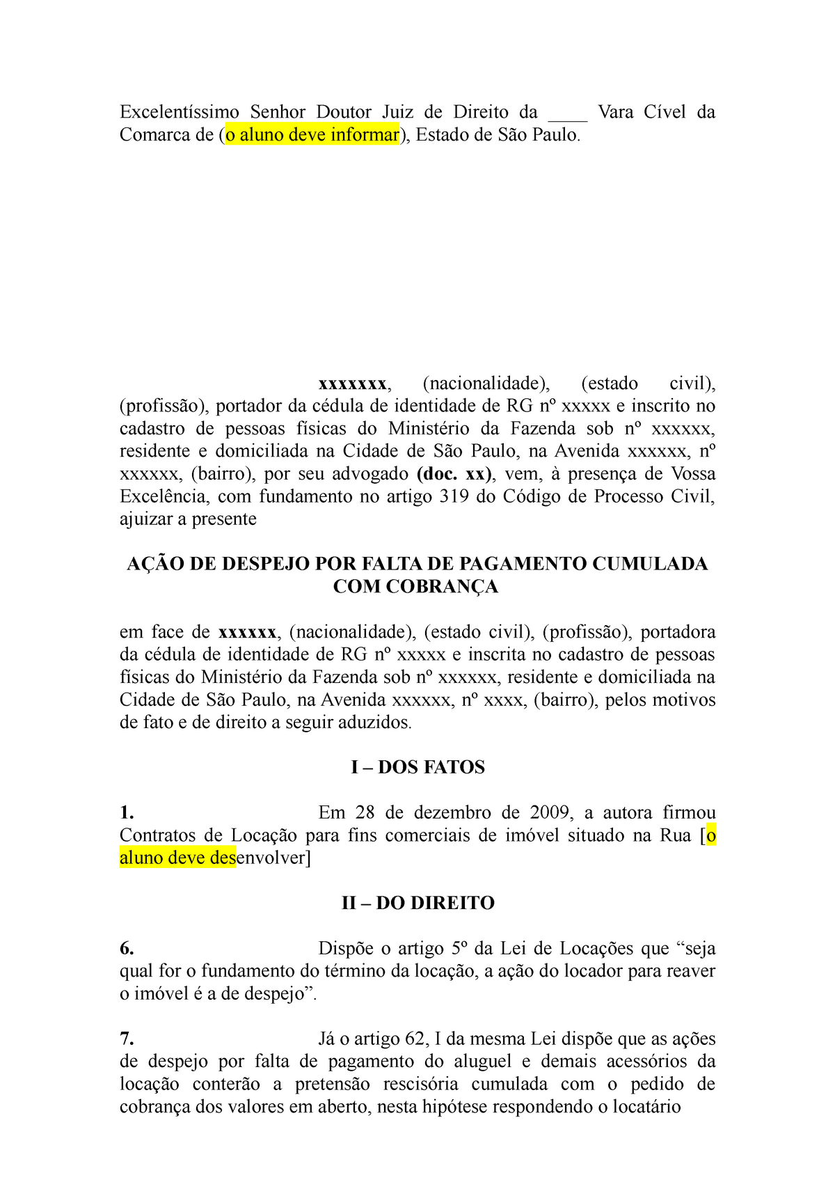 Aula 15 Modelo De Ação De Despejo 2 Excelentíssimo Senhor Doutor Juiz De Direito Da 2889