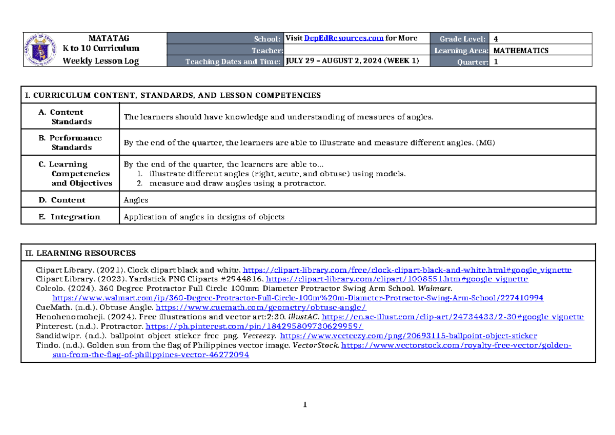 DLL Matatag Mathematics 4 Q1 W1 - MATATAG K To 10 Curriculum Weekly ...