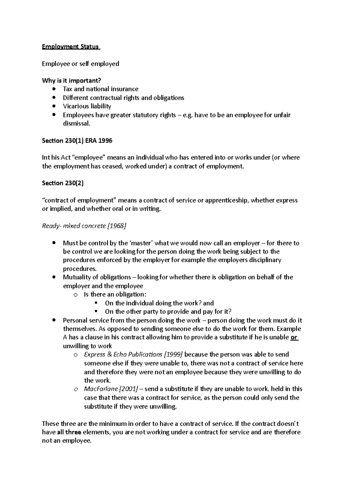 Employment Status - Lecture notes 9 - Employment Status Employee or ...