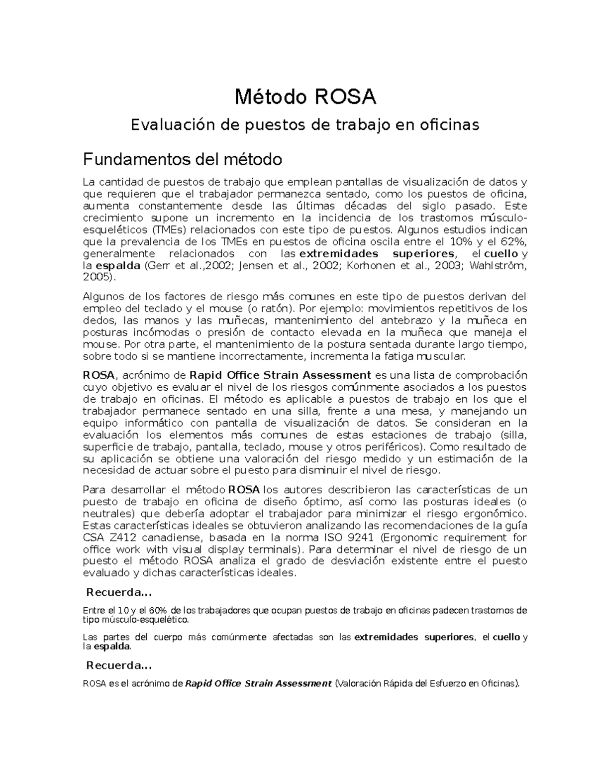 Método ROSA - Método ROSA Evaluación de puestos de trabajo en oficinas ...