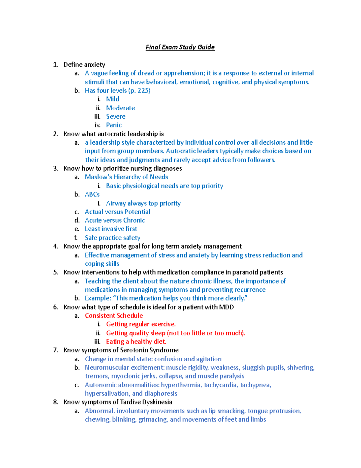 Final Exam Study Guide- N3415 - Final Exam Study Guide Define anxiety a ...