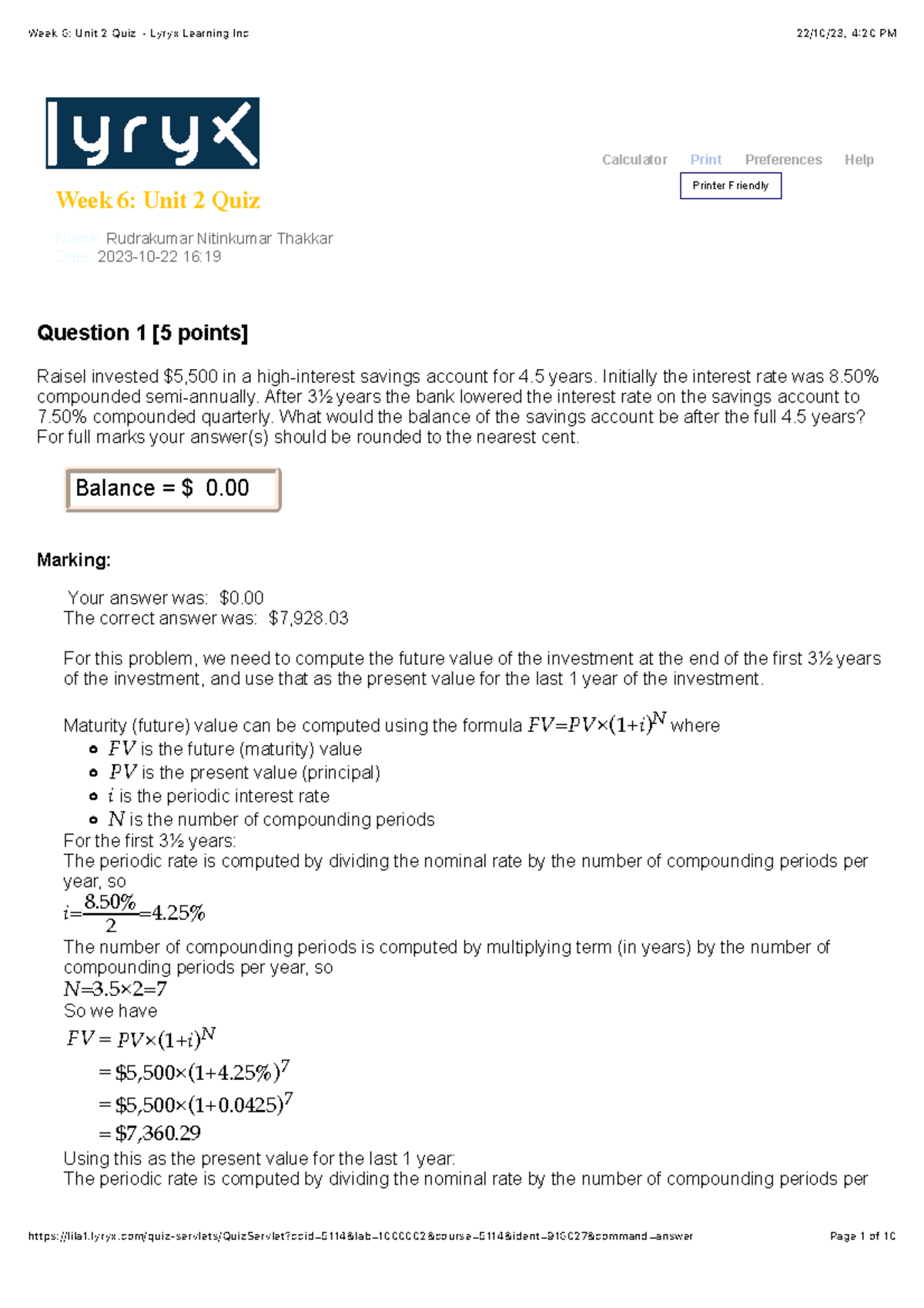 Week 6: Unit 2 Quiz ~ Lyryx Learning Inc - Calculator Print Preferences ...