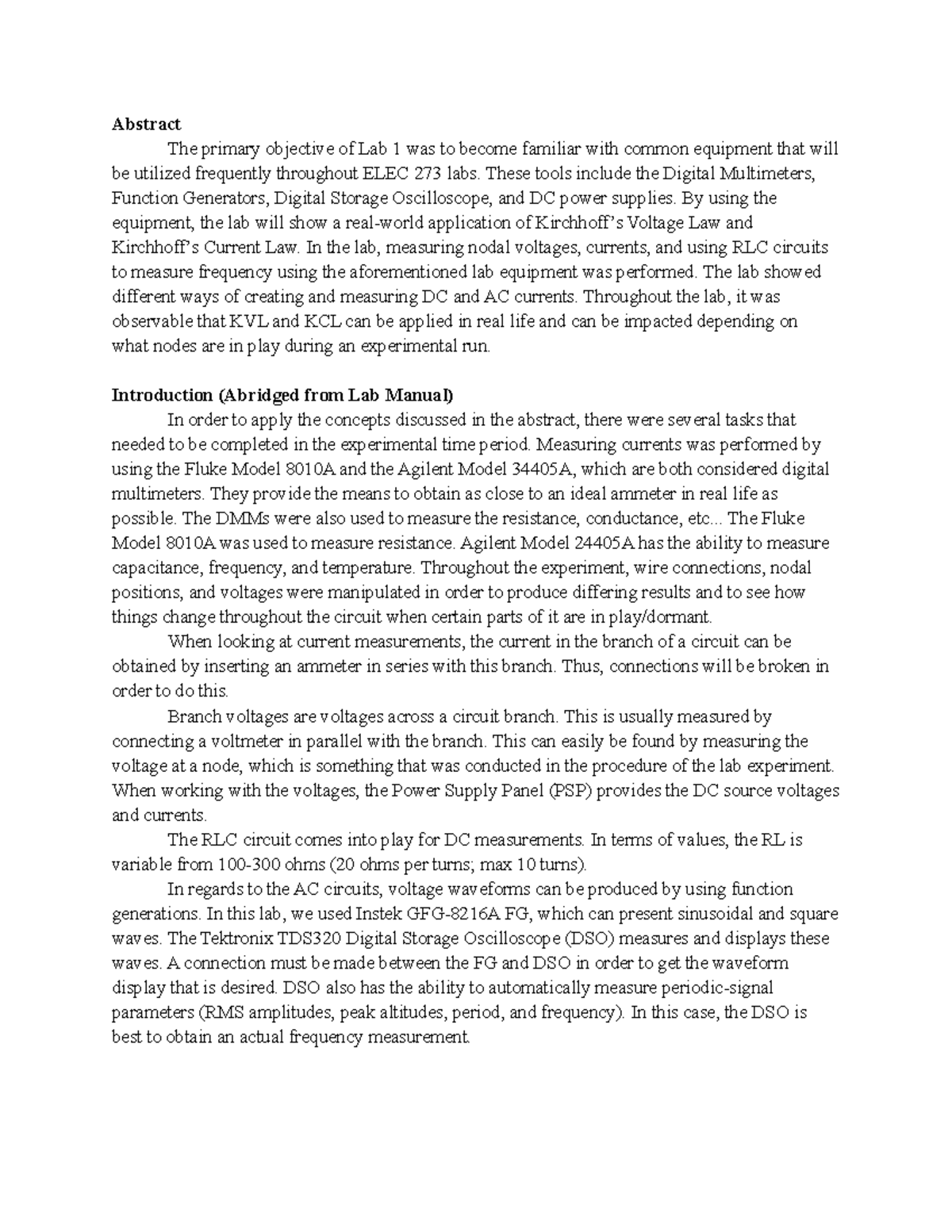 ELEC 273 Lab Report 1 - Abstract The primary objective of Lab 1 was to ...