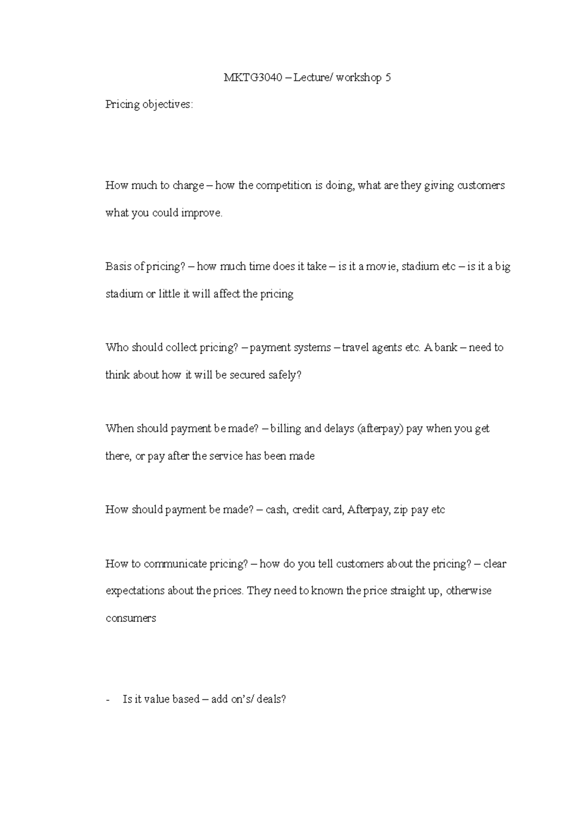 MKTG3040 lecture 5 MKTG3040 Lecture/ 5 Pricing