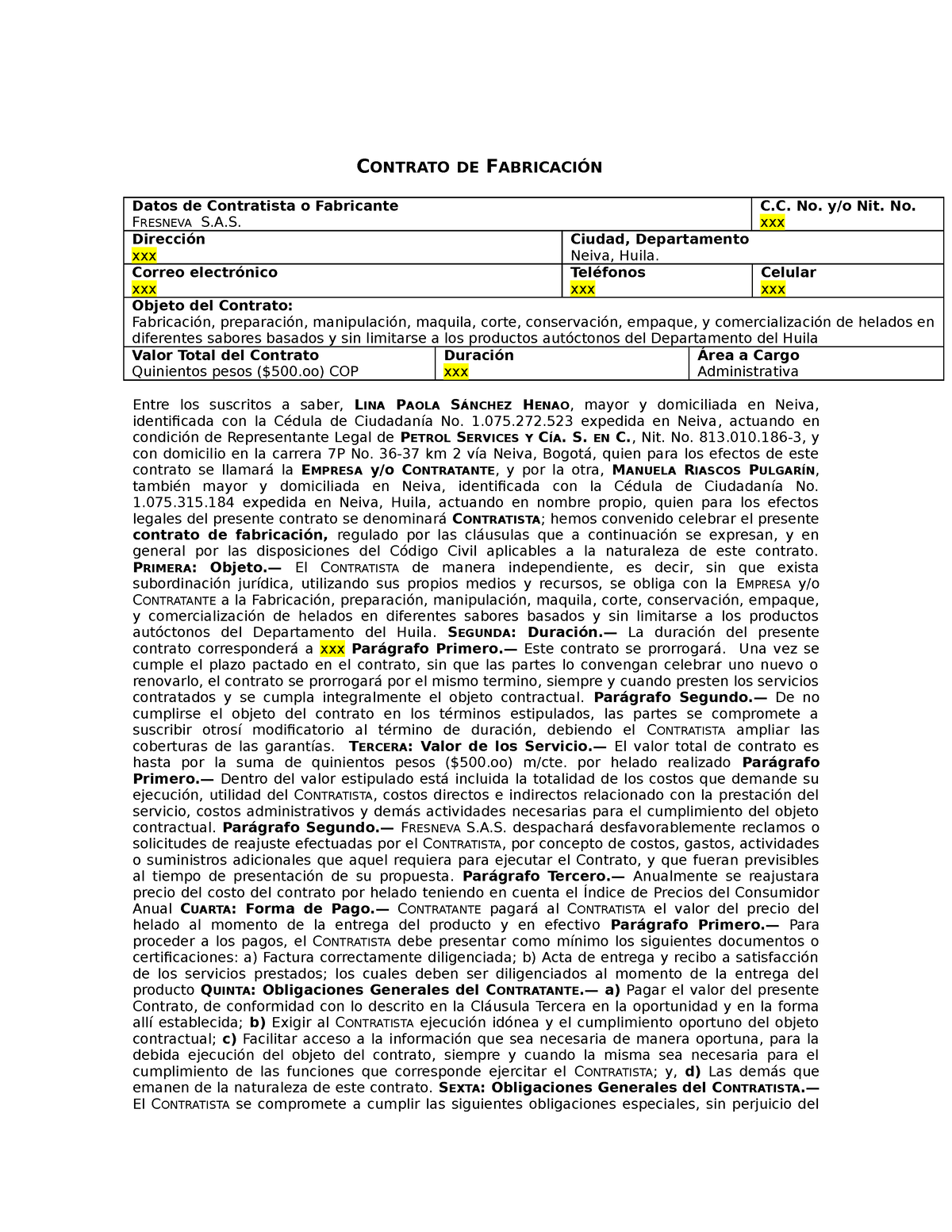 Contrato DE Fabricacion CONTRATO DE FABRICACIÓN Datos de  