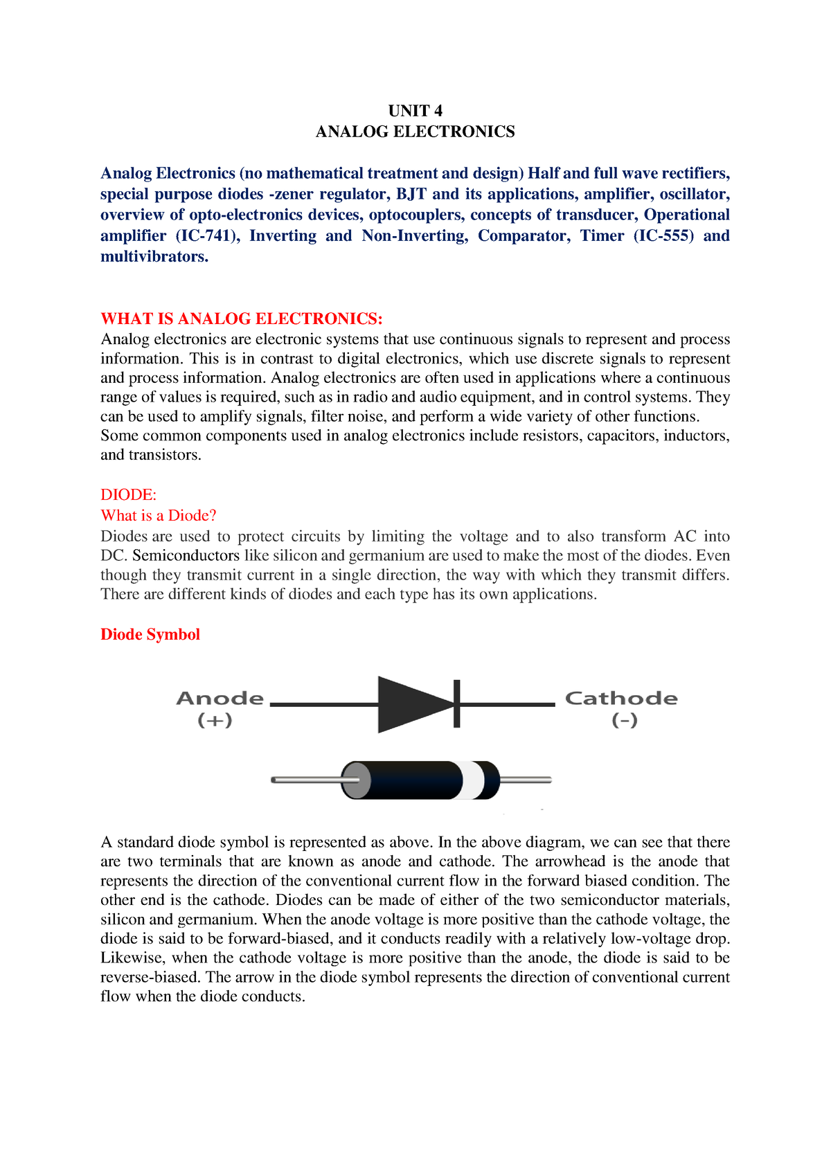 UNIT 4 Analog Electronics - UNIT 4 ANALOG ELECTRONICS Analog ...