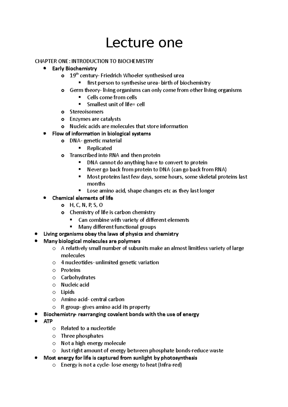 Lecture one - Intro to biochem - Lecture one CHAPTER ONE: INTRODUCTION ...