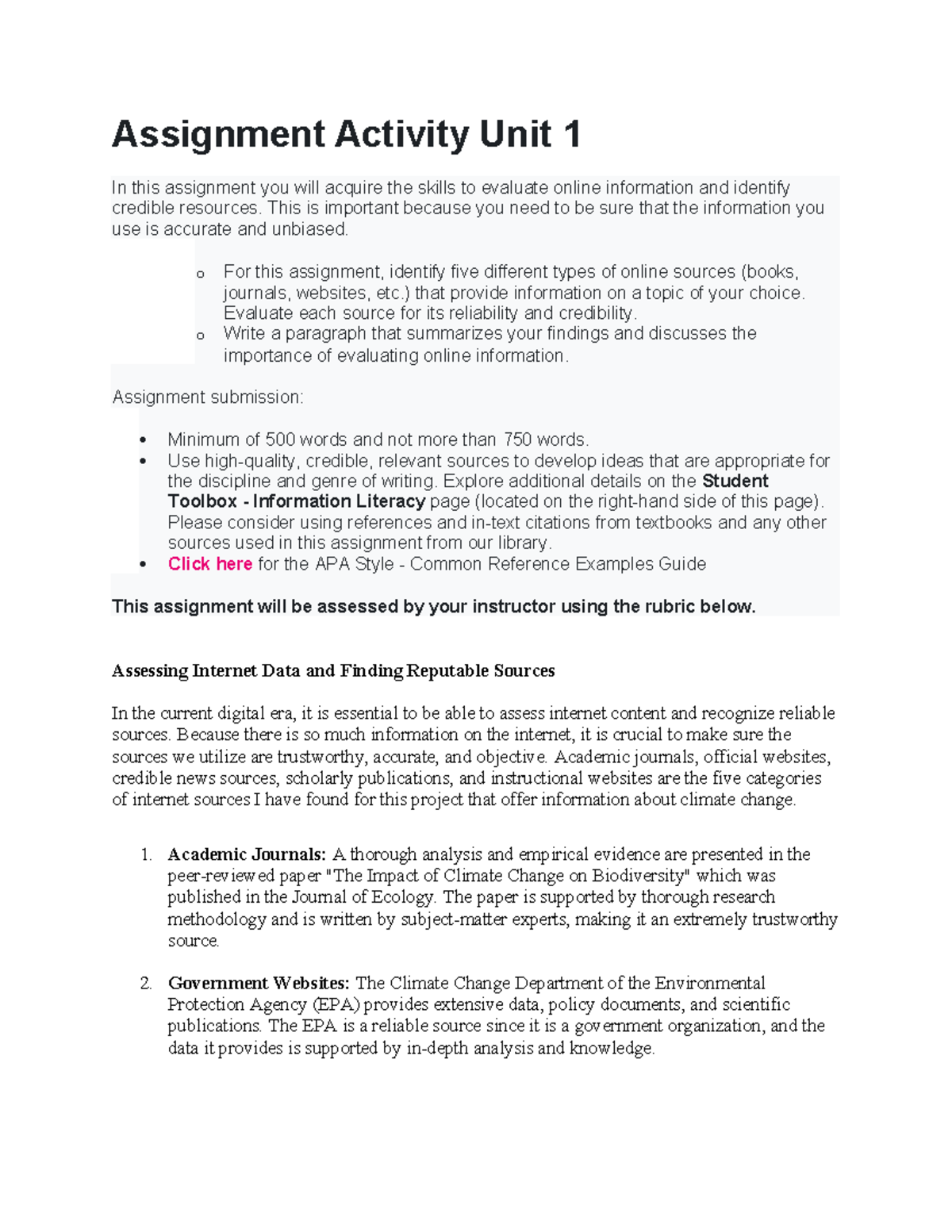 Assignment Unit 1 - Assignment Activity Unit 1 In this assignment you ...